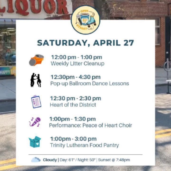 Spring is warming up! Come join us on the Open Street this weekend for music and more. 

SATURDAY APRIL 27th

🗑️ 12pm &ndash; 1pm | Weekly Litter Cleanup
Each Saturday, come and join Open Street volunteers as they clean up the street at the start of