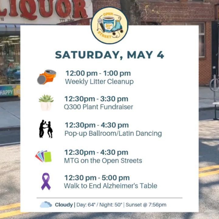 Can you believe it&rsquo;s already May? Open Streets is in full swing 💃🏻 so come on down and meet a neighbor through some of our upcoming programming:

SATURDAY MAY 4

🗑️ 12pm &ndash; 1pm | Weekly Litter Cleanup, Each Saturday
Come and join Open S
