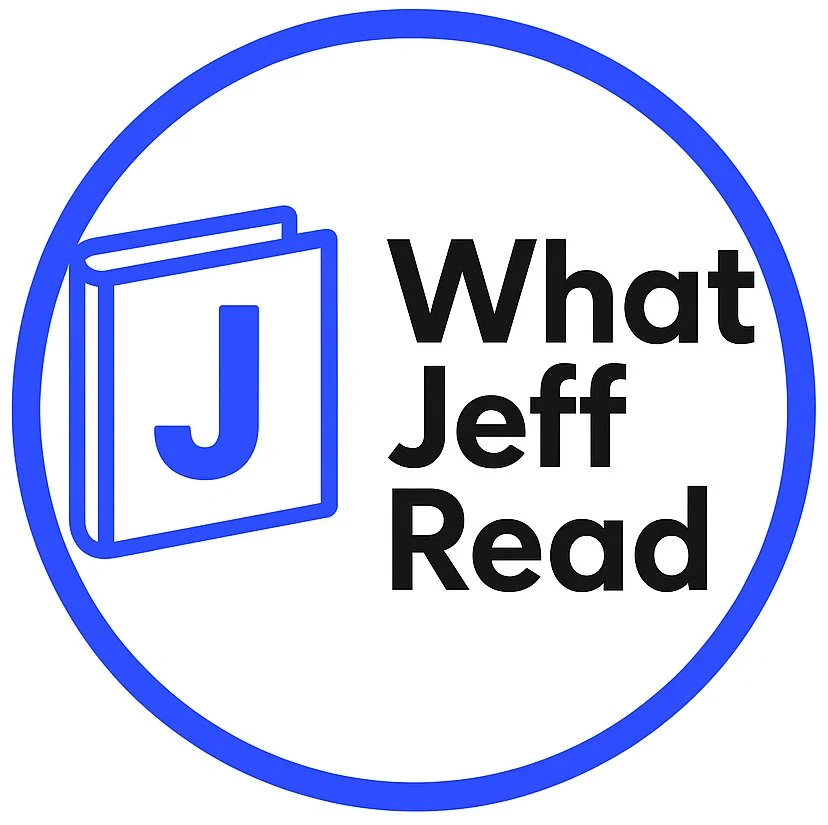 A logo with a blue outline circle, featuring a blueprint-style book with a large letter J on it, and the text "What Jeff Read" in black next to the book.