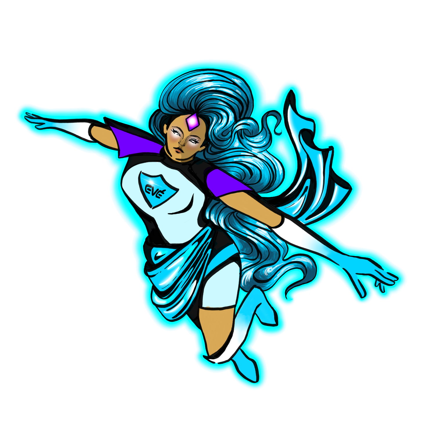 Eve flying silhouette, in cyan.