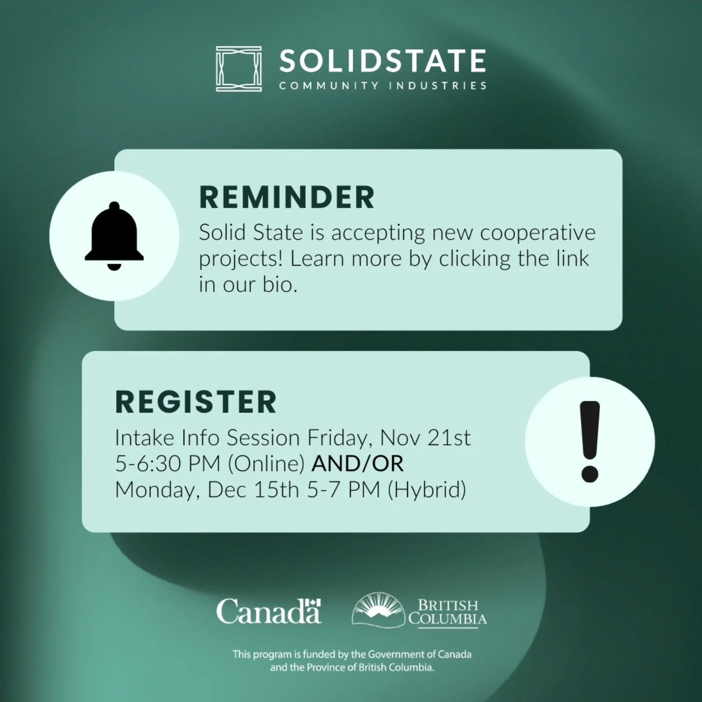 Solid State&rsquo;s new co-op intake is open Nov 17 - Jan 7! To learn more about our organization and the application process, attend some of these upcoming events:

Register for our Intake Info Session Friday, Nov 21st at 5-6:30 PM (Online) where yo