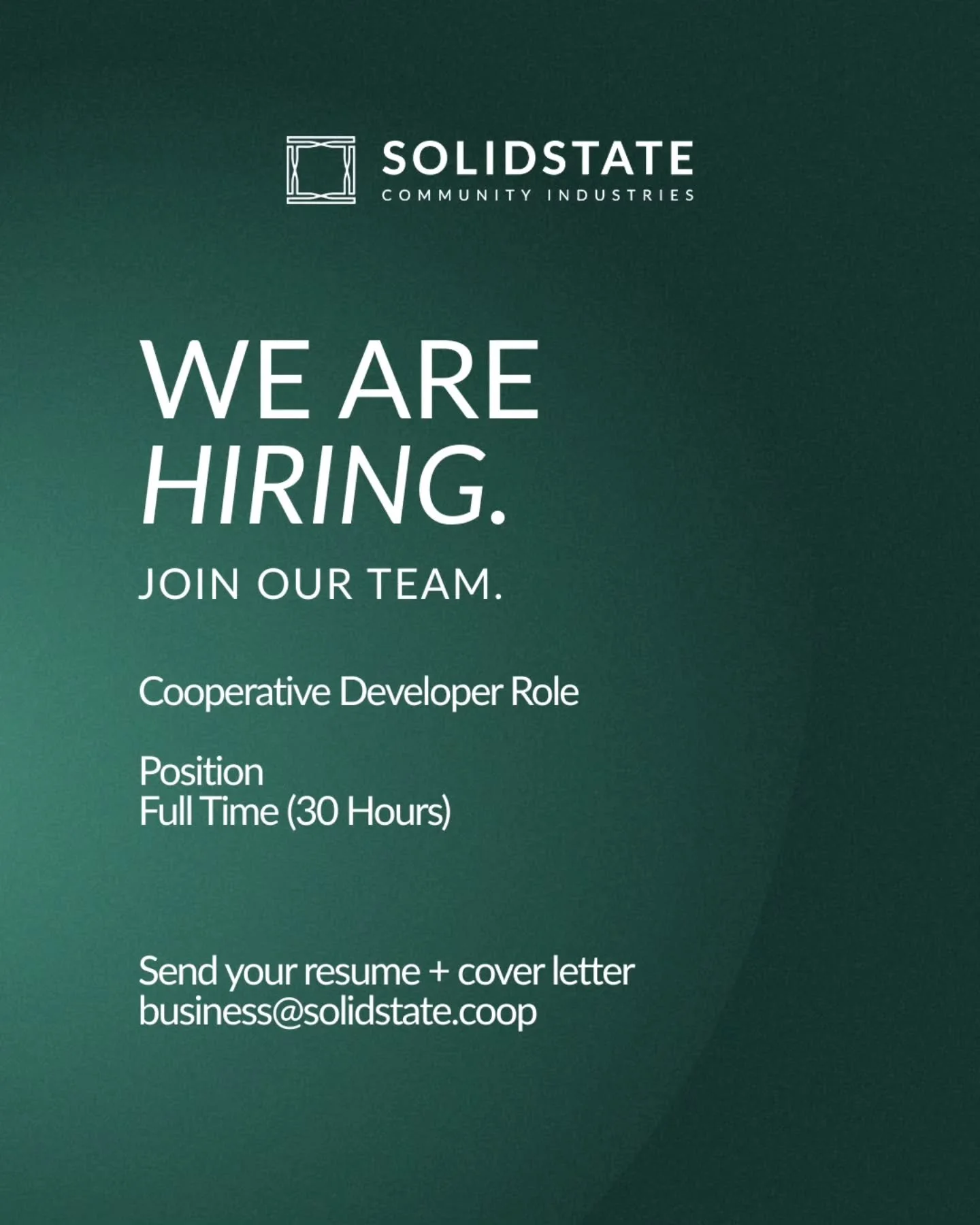 We are hiring another Cooperative Developer! Solid State is growing and we are looking for someone to join our cooperative development team. Click the link in our bio or visit solidstate.coop/careers for more information on this position. 

#jobappli