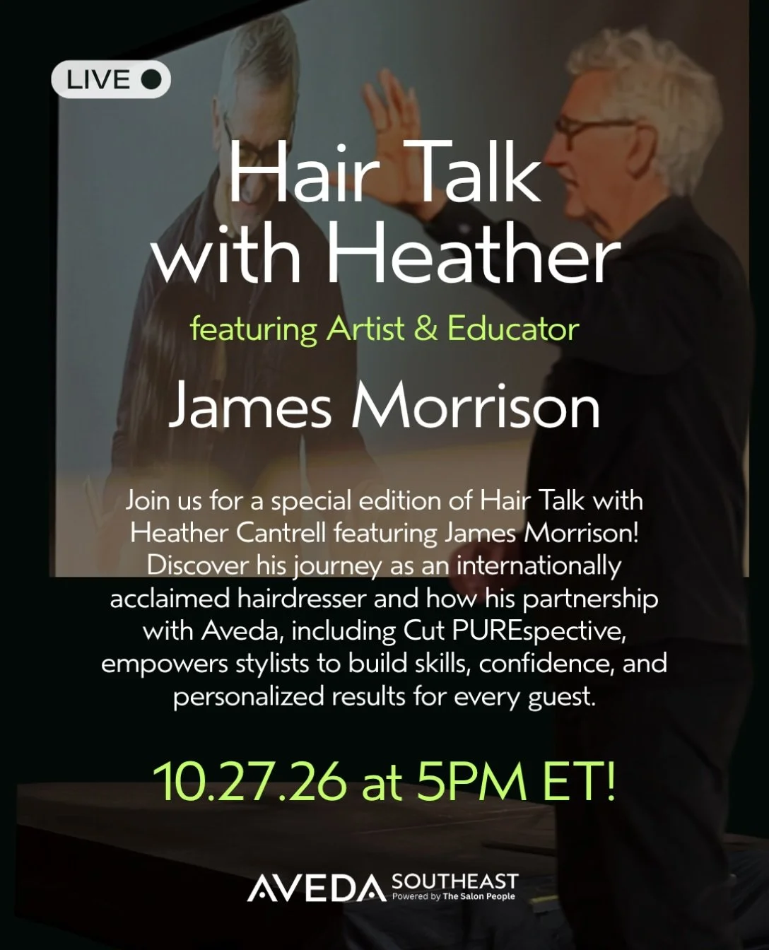 JOIN US TOMORROW NIGHT! ✨

@heatherataveda is going LIVE right here on the Aveda Southeast IG with the one and only @jamesmorrisonhair! They&rsquo;ll be talking all things education, diving into James&rsquo;s journey as an internationally acclaimed h