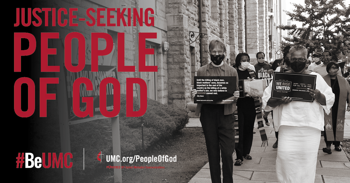 A group of people participating in a protest or march, wearing face masks and holding signs that promote justice for black men and women. The image includes a large text overlay that says 'Justice-Seeking People of God' and hashtags and website links related to the UMC (United Methodist Church) and a campaign called 'People of God'.