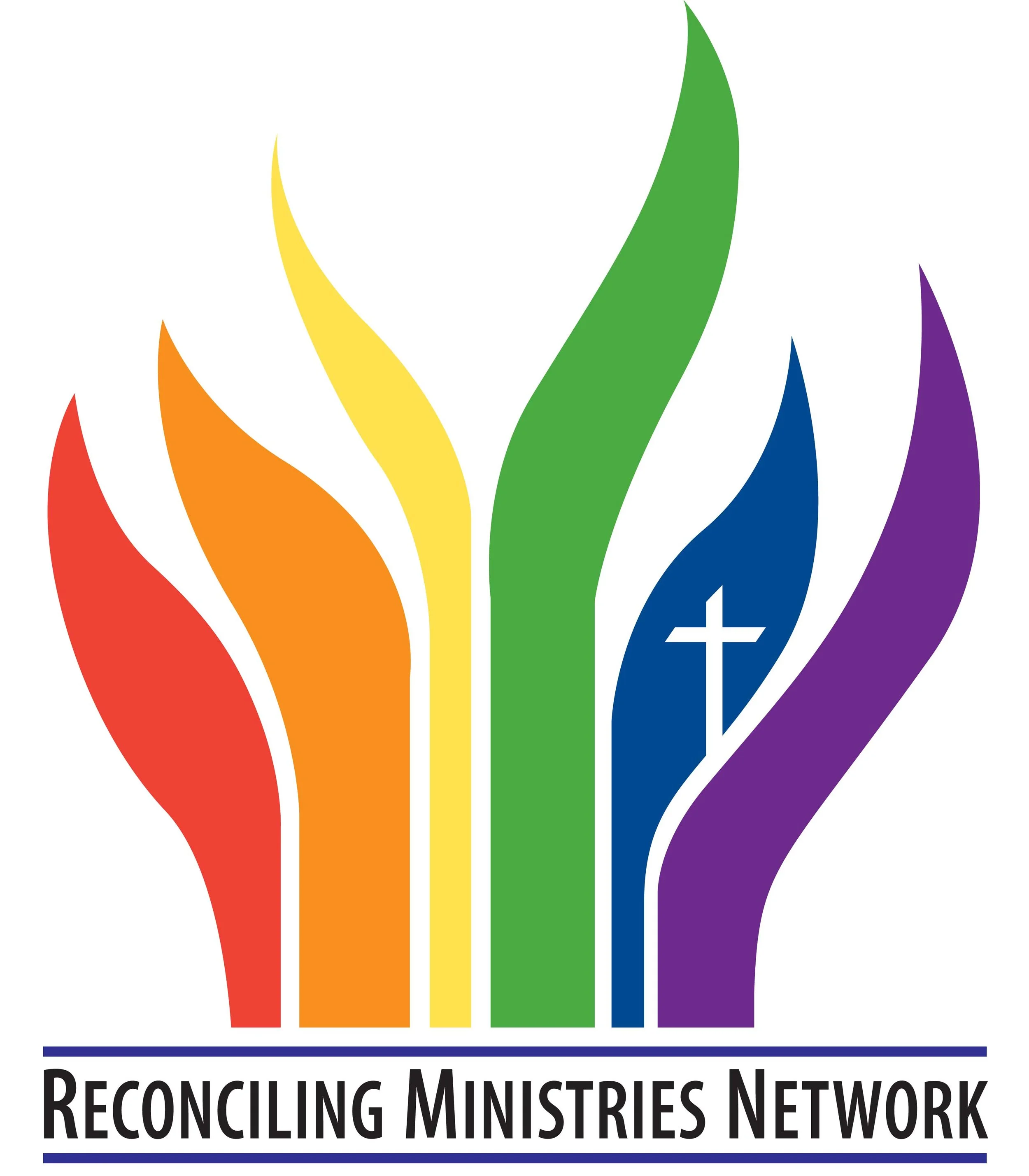 Logo of the Reconciliation Ministries Network, featuring multicolored flames and black text.