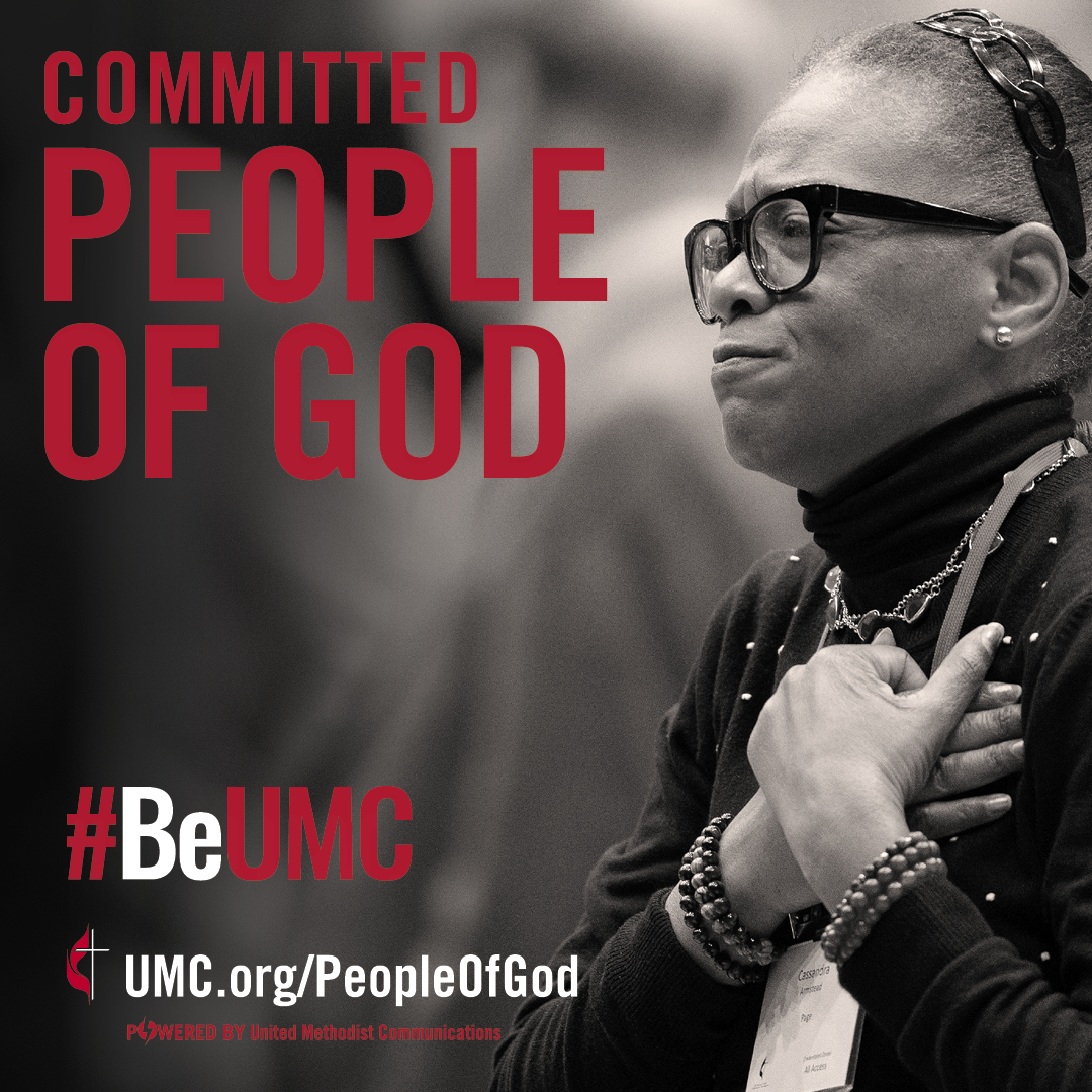 A black and white photo of a woman with glasses and a headscarf, holding her hand over her chest in prayer. The image includes text that says 'Committed People of God' and a hashtag '#BeUMC', with a website link to UMC.org/PeopleOfGod.