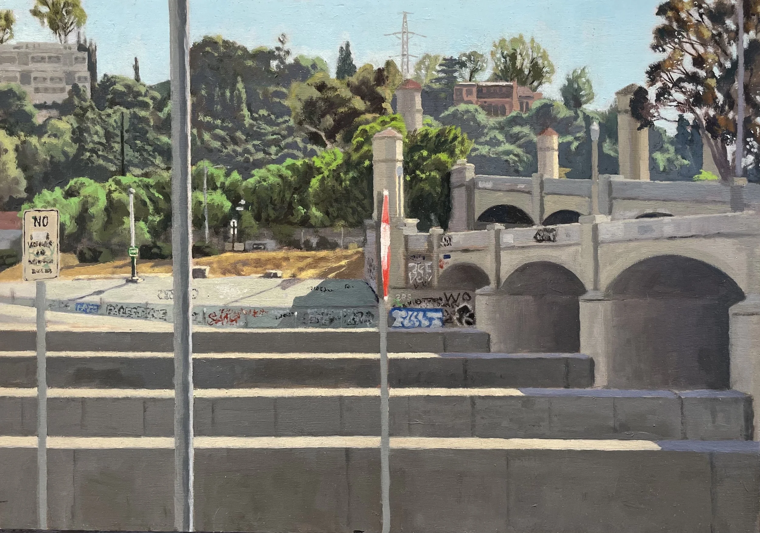 Los Angeles River at the Hyperion Bridge 2024 oil on panel 10 1/2    x 15 inches