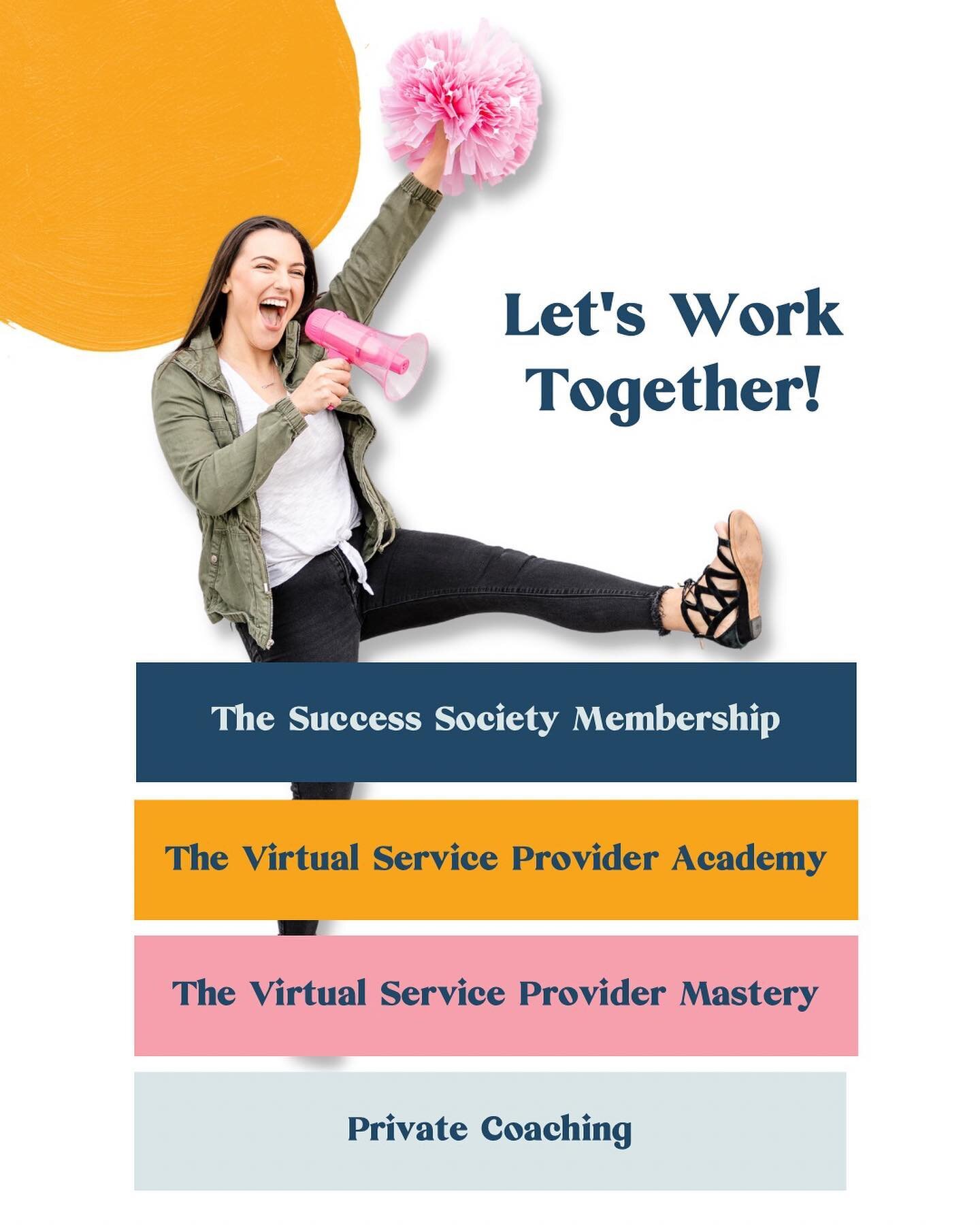 WAYS WE CAN WORK TOGETHER IN Q1 💃

1️⃣ The Success Society: Open enrollment. No commitment or cancellation fees if you change your mind, but ya won&rsquo;t. 😉

2️⃣ The Virtual Service Provider Academy: Open enrollment. Join us inside at any time! L