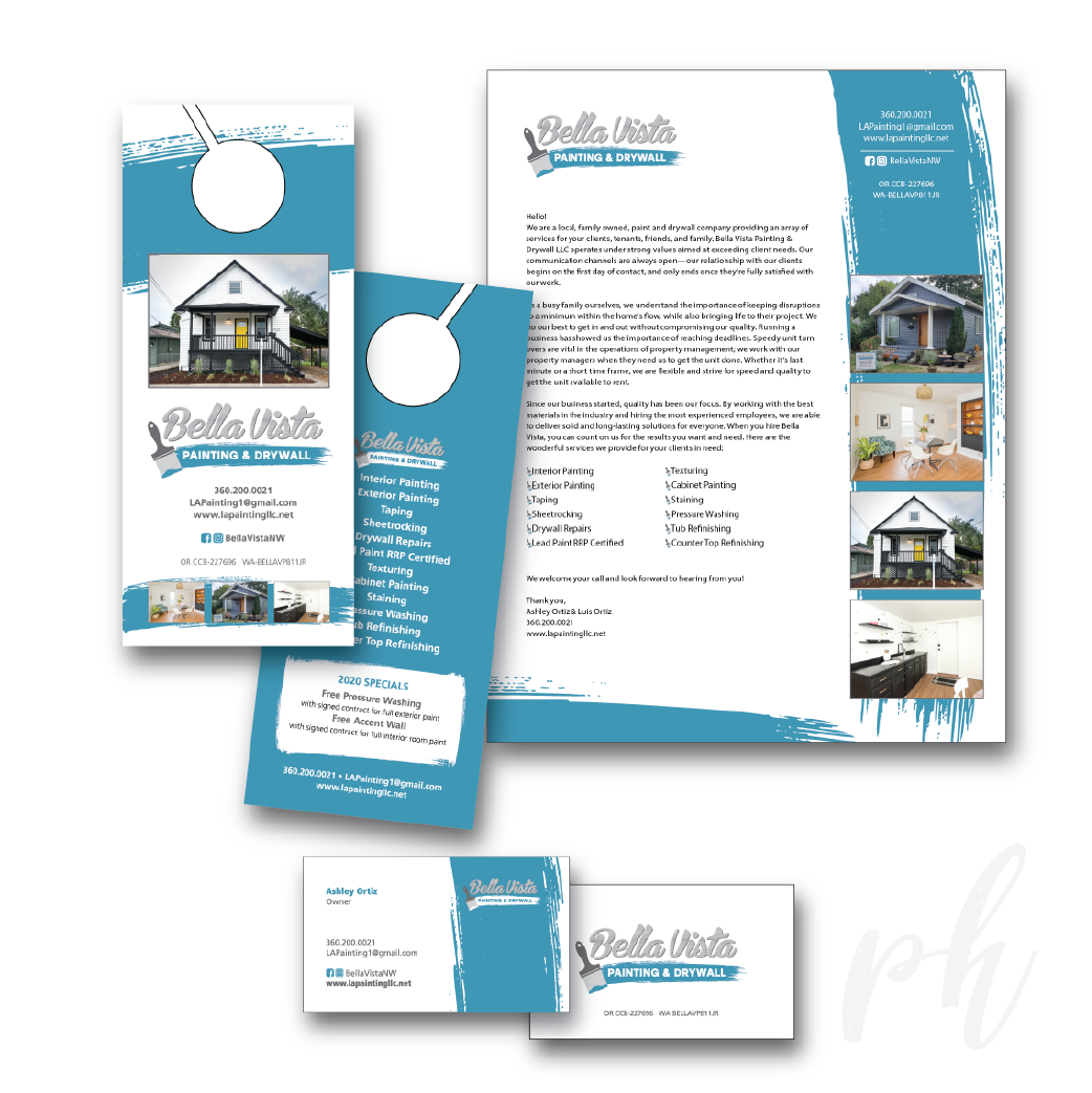 Door Hangers, Info Sheet & Business Cards;
Client: Bella Vista Painting & Drywall, Vancouver, WA