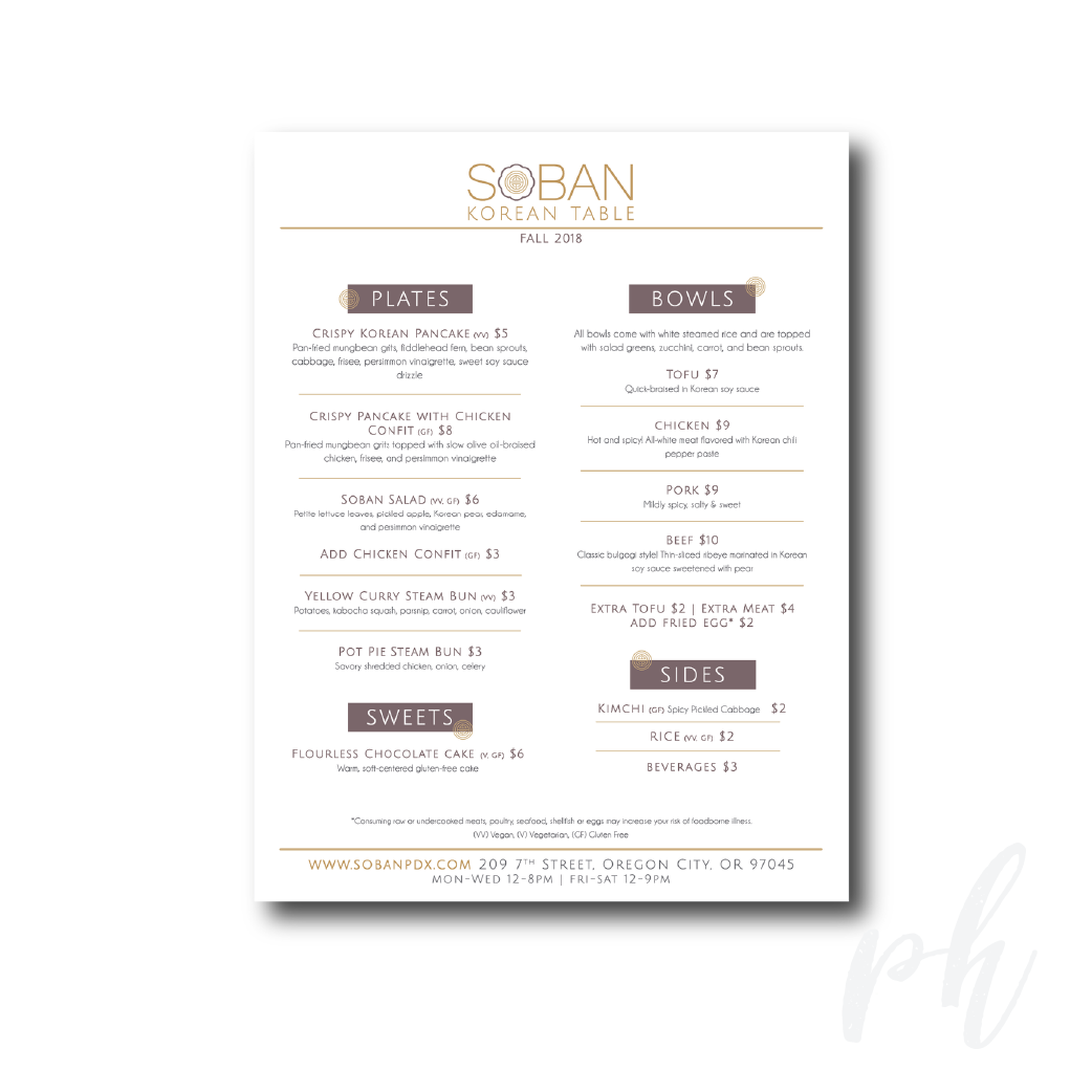 Seasonal Menu;
Client: Soban Korean Table, Oregon City, OR