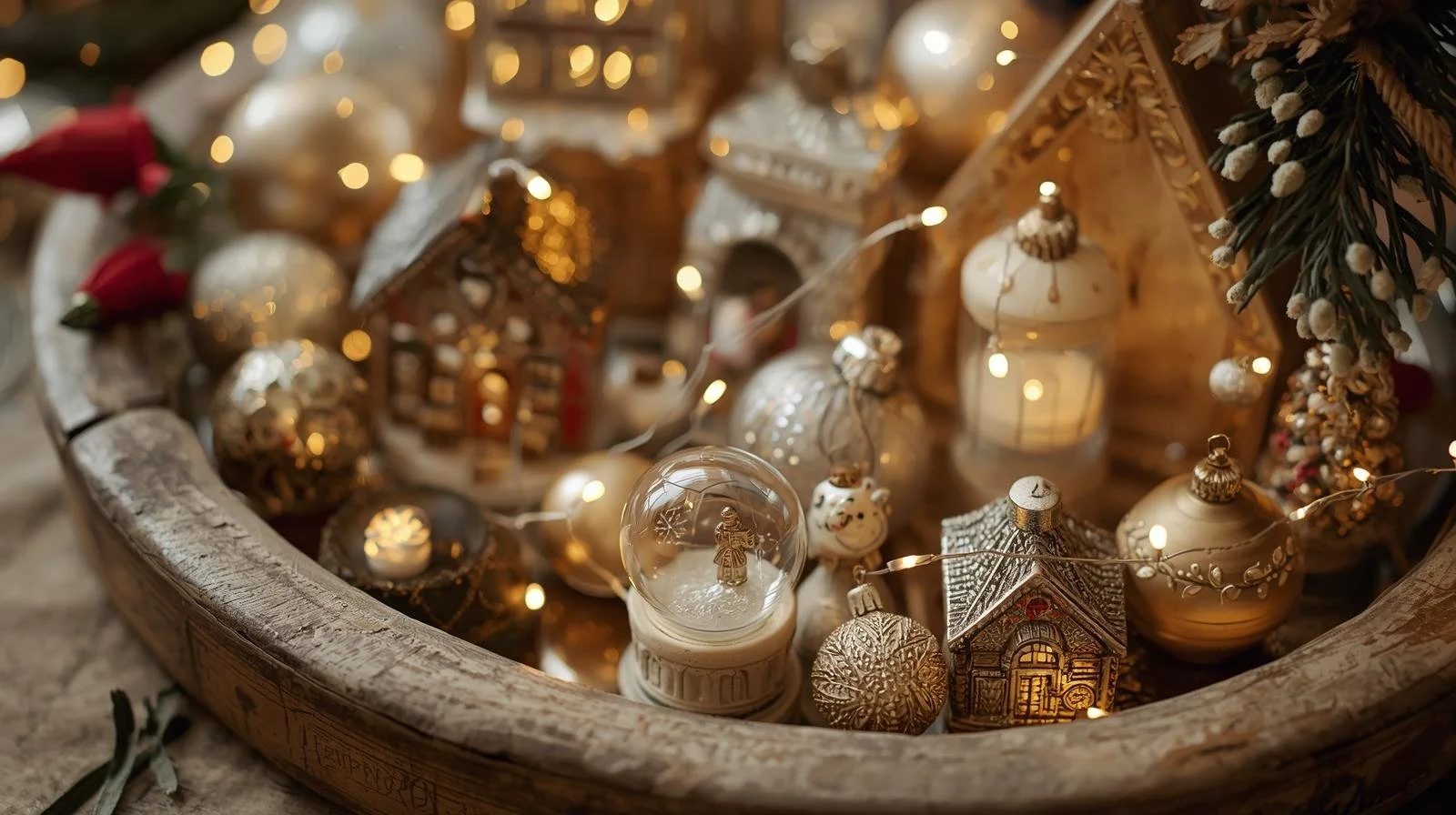 A close-up of a rustic wooden tray or a mirrored platter holding a curated collection of varied glass ornaments, small ceramic houses, or miniature snow globes. A fine string of warm LED fairy lights is artful.jpg