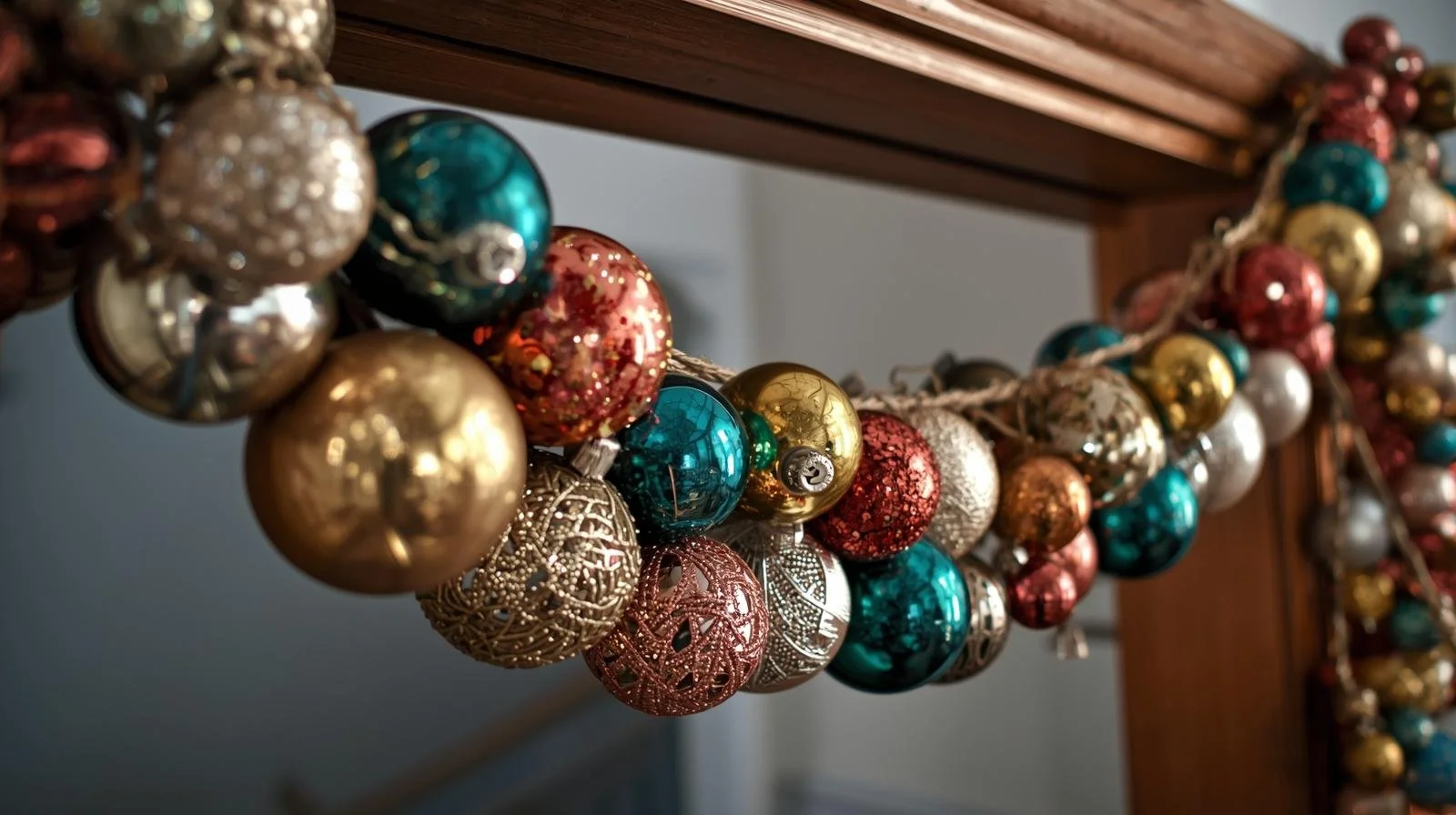 A close-up of a beautiful, handmade garland made by stringing together a variety of mismatched ornaments (vintage glass balls, matte baubles, glittery shapes) on a simple piece of twine or a thin ribbon. It's .jpg