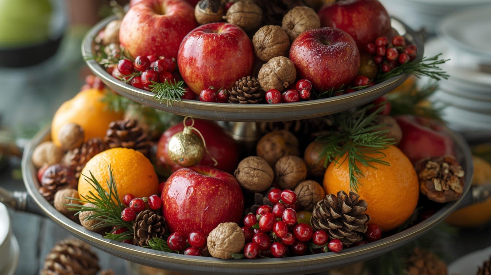 A delightful tiered serving tray overflowing with natural elements like bright red apples, shiny oranges, festive cranberries, walnuts, and a few small pinecones. A tiny ornament or an evergreen sprig might be.jpg