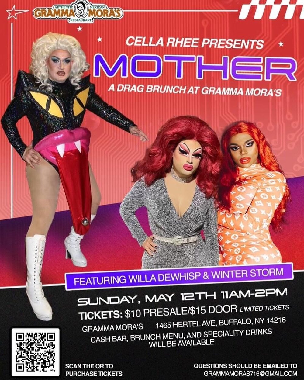 On Sunday May 12th, Gramma becomes GramMOTHER ⚡️ 

Join Gramma Mora&rsquo;s for our first Drag Brunch hosted by Cella Rhee, featuring Willa DeWhisp and Winter Storm ❄️ 

🗓️ May 12 from 11am-2pm
🎟️ Tickets are limited! $10 presale, $15 at the door (