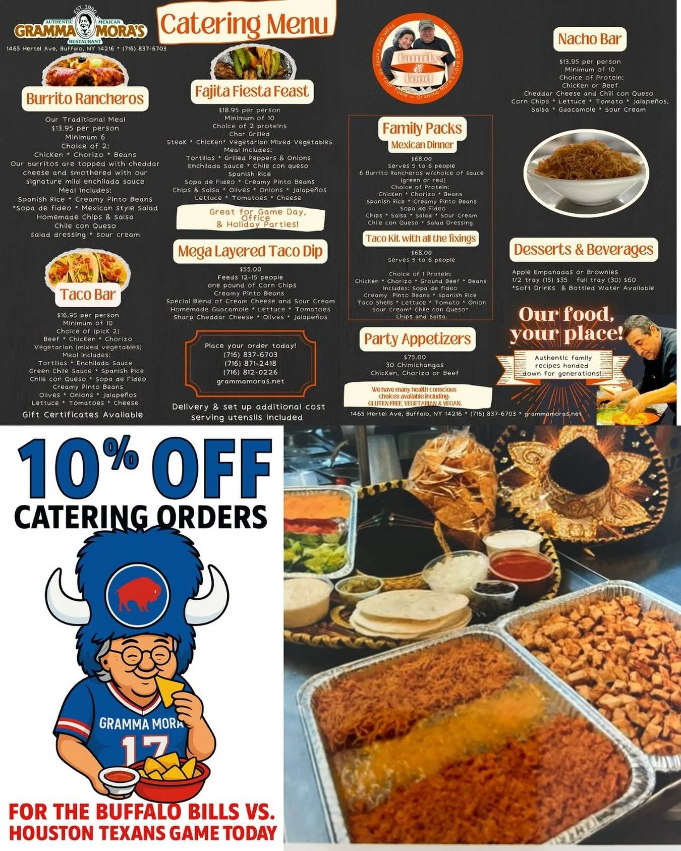 Get game-day ready with Gramma Mora&rsquo;s Authentic Mexican Restaurant! 🏈🌮
We&rsquo;re offering 10% OFF all catering orders for today&rsquo;s Buffalo Bills vs. Houston Texans showdown! Whether you&rsquo;re hosting the whole crew or keeping it coz