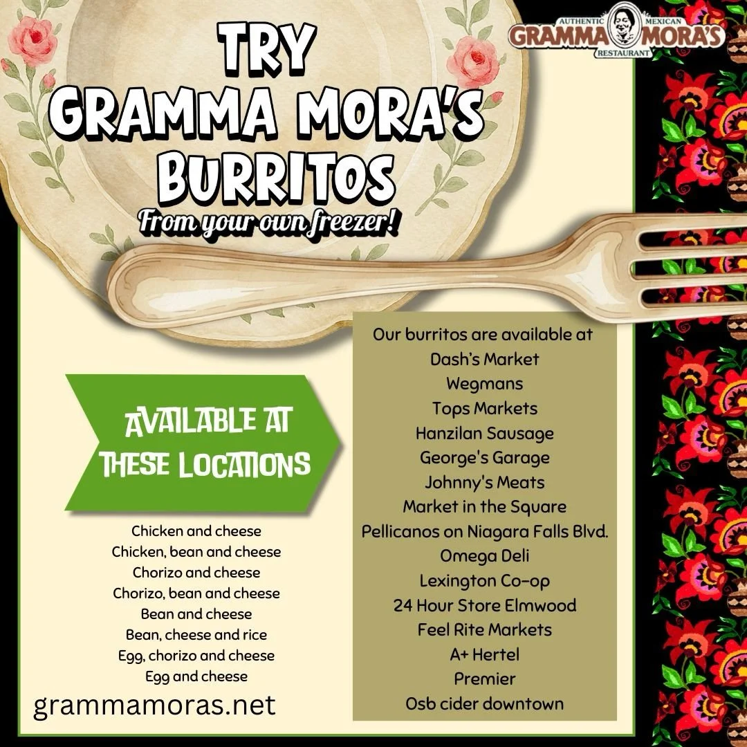 Next time you&rsquo;re out grabbing groceries, look for us in the freezer aisle! You can find our burritos all over town at Dash&rsquo;s Market, Wegmans, Tops Markets, and Market in the Square.
If you&rsquo;re closer to your local favorites, we are a