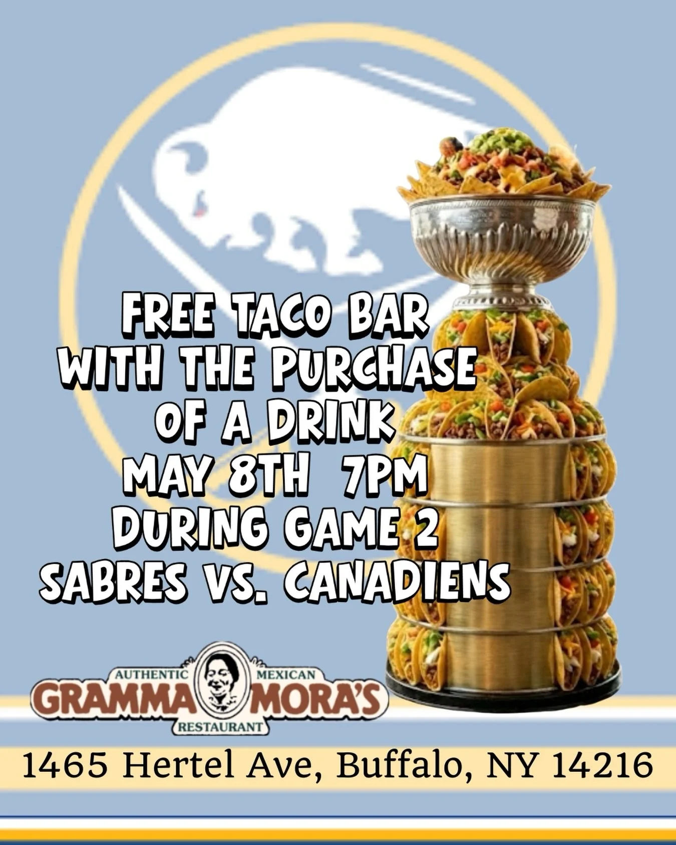 Hey Buffalo hockey fans! If you&rsquo;re looking for a spot to catch the Sabres taking on the Canadiens tomorrow night, we&rsquo;ve got a pretty sweet setup waiting for you at the bar.
Starting at 7pm on May 8, we&rsquo;re laying out a free taco bar 
