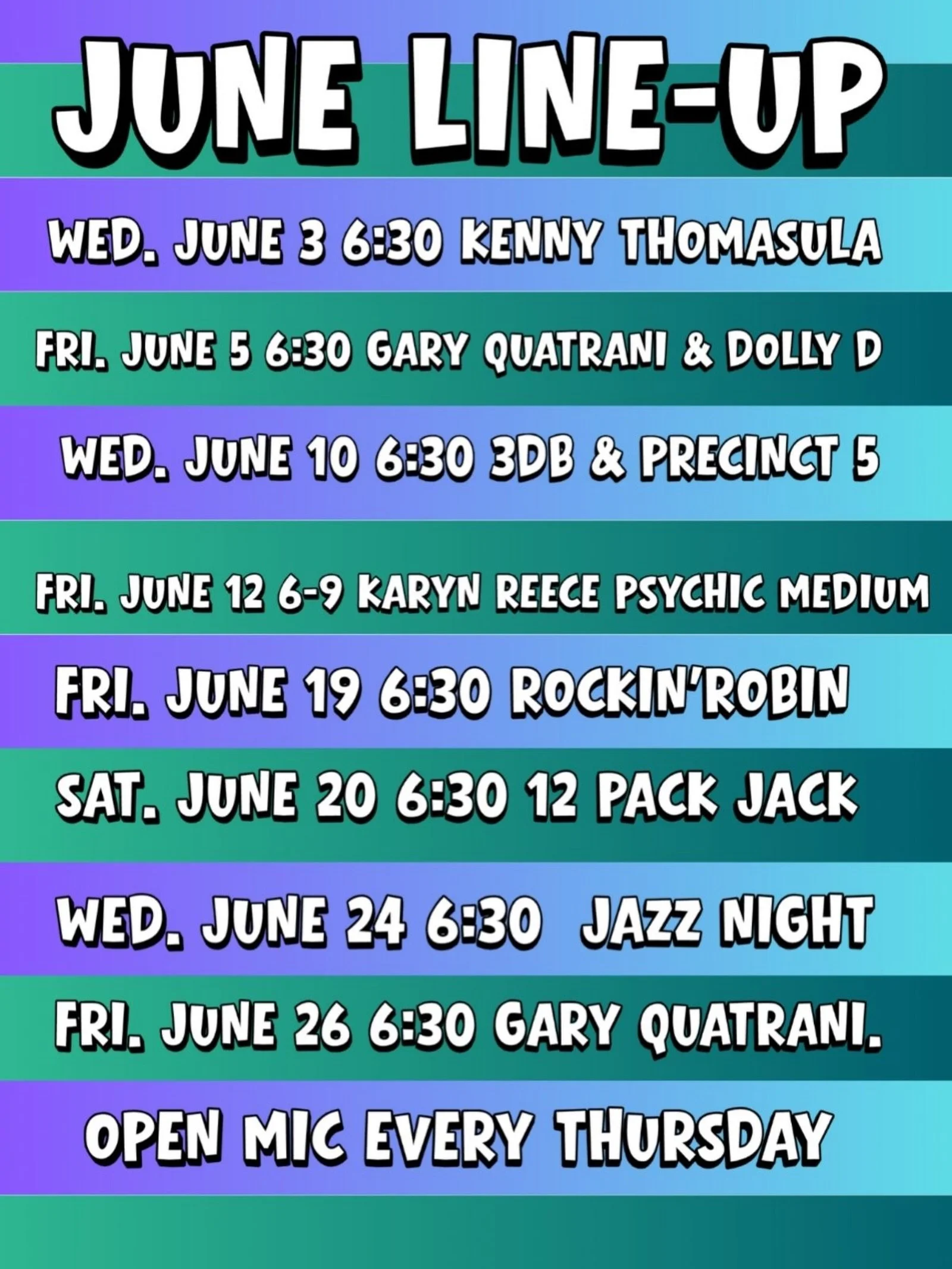 The June calendar for Gramma Mora&rsquo;s Authentic Mexican Restaurant is packed with talent!&nbsp;&nbsp;There is Kenny Thomasula, Gary Quatrani &amp; Dolly D, 3DB, and Precinct 5, Psychic Medium Karyn Reece, Rockin&rsquo; Robin, 12 Pack Jack, Jazz N