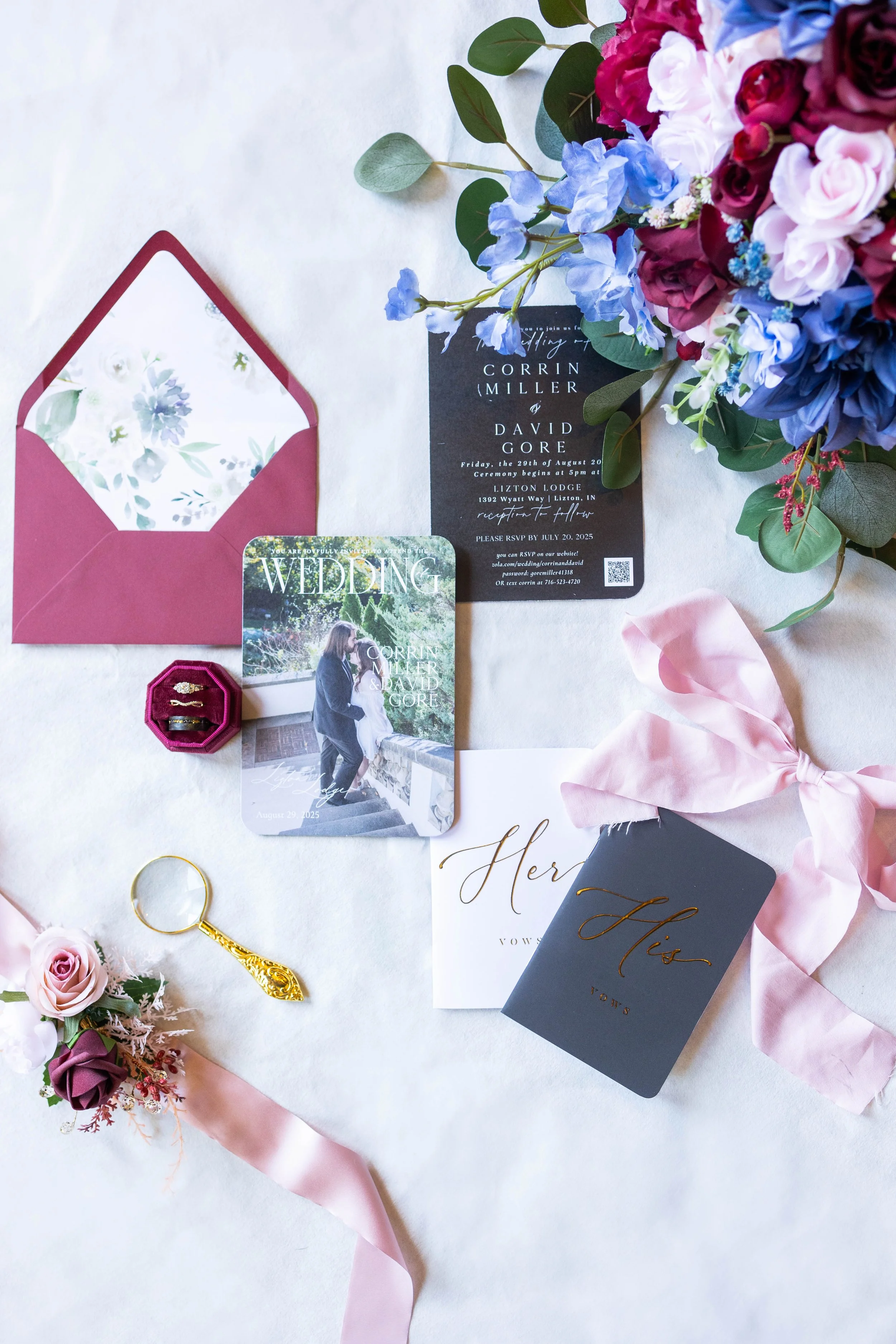 Lizton Lodge wedding invitation suite with colorful wedding flowers, floral invitations, wedding rings, vow books, and pink ribbon.