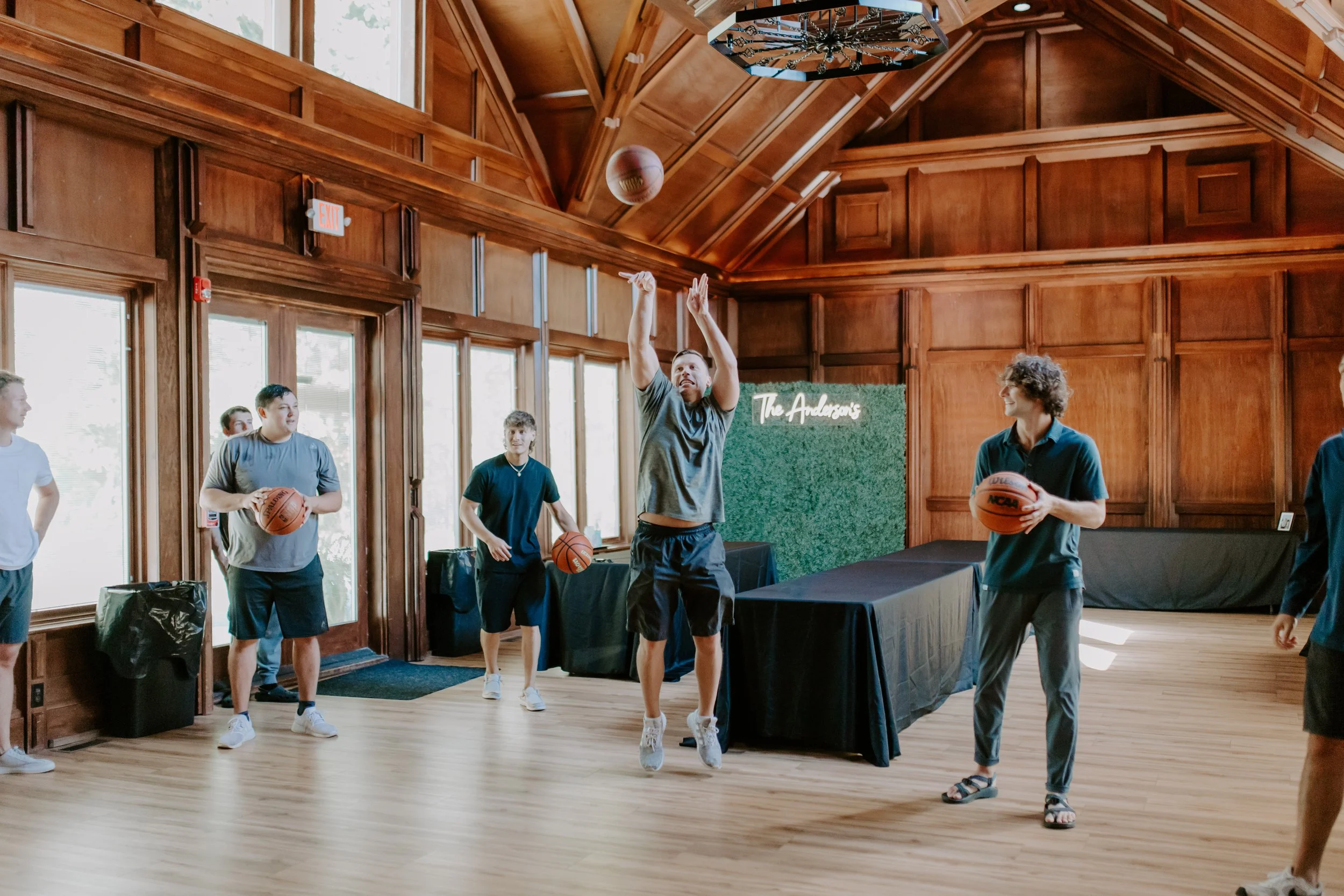 Lizton Lodge Grooms playing Basketball in Ballroom