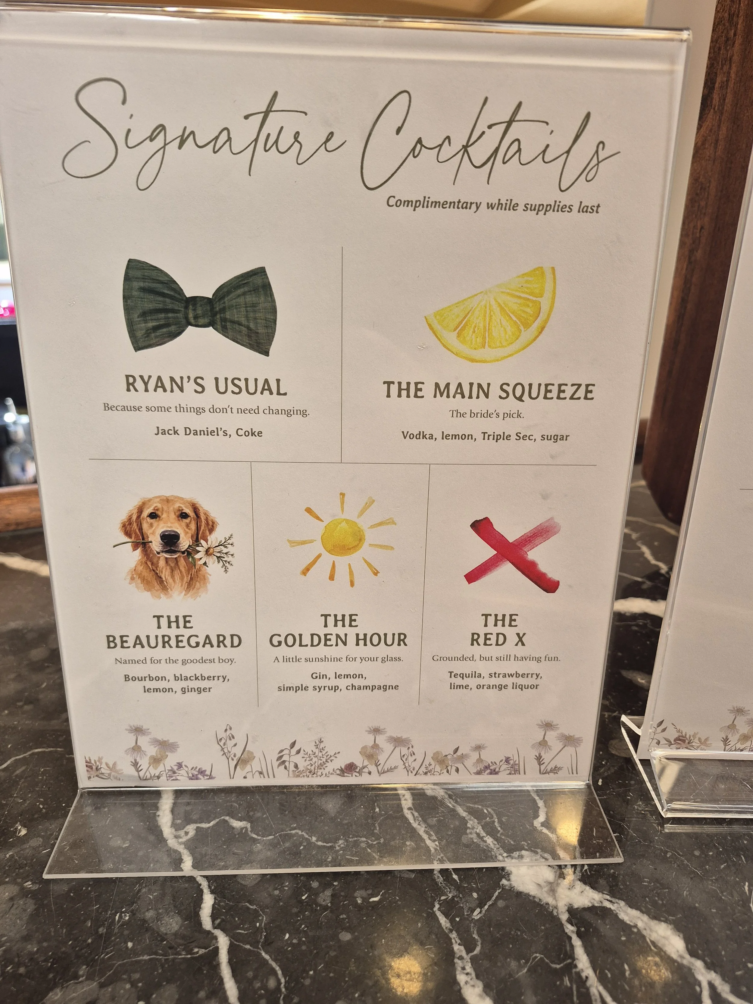 Alcohol bar wedding sign with multiple drinks