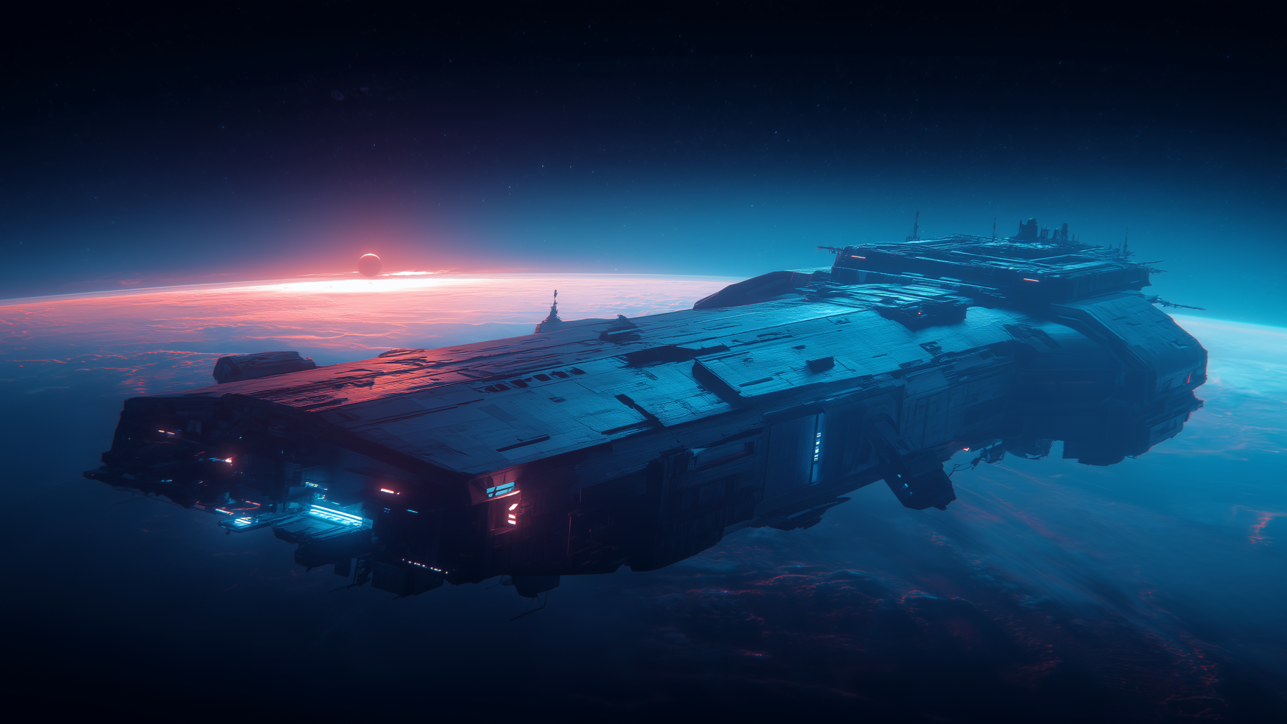 Leviathan-class spacecraft orbiting Earth in the Singularis universe representing transmedia expansion and long-term systems thinking.
