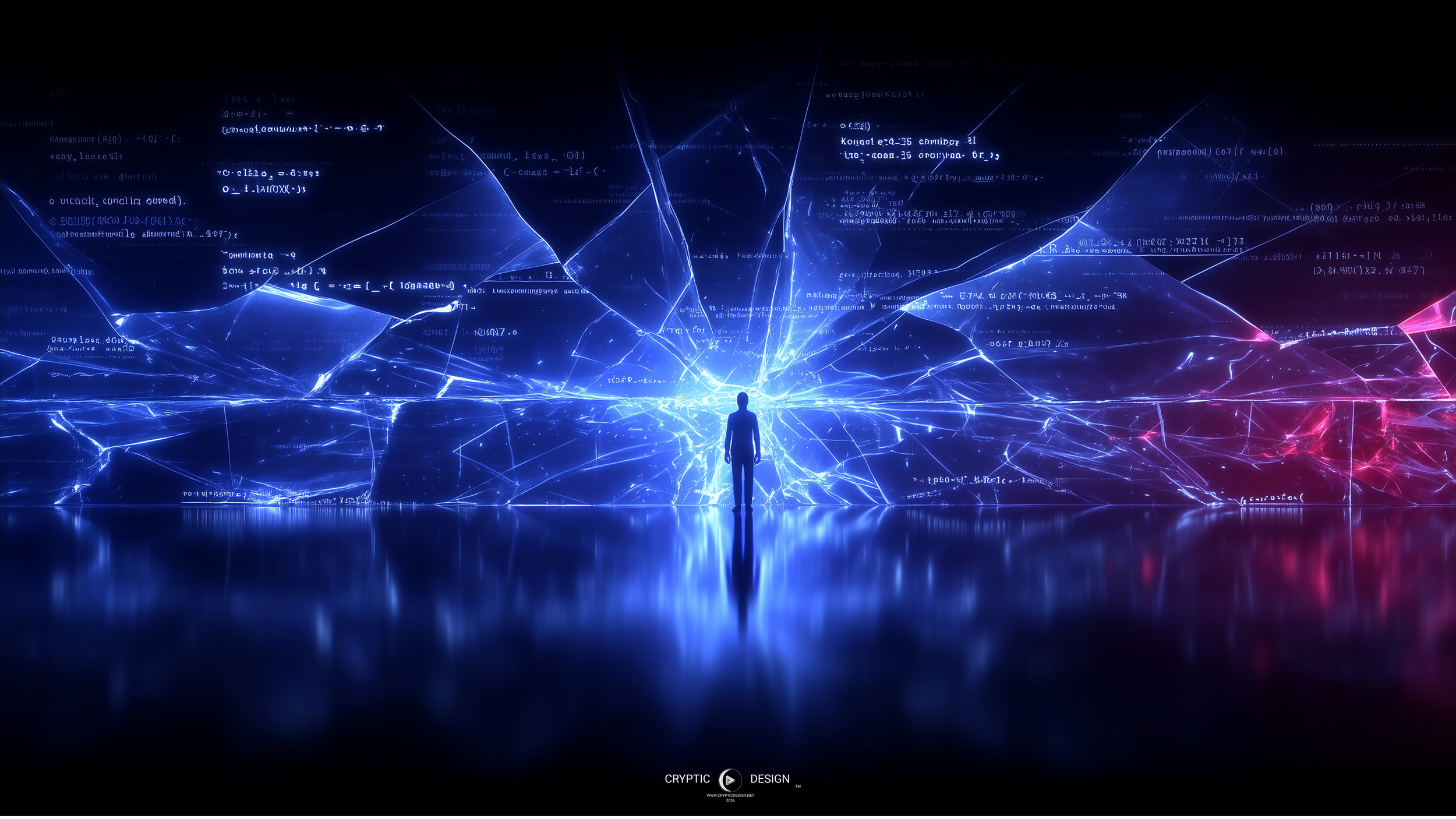 A lone figure standing before a fractured wall of glowing light and code