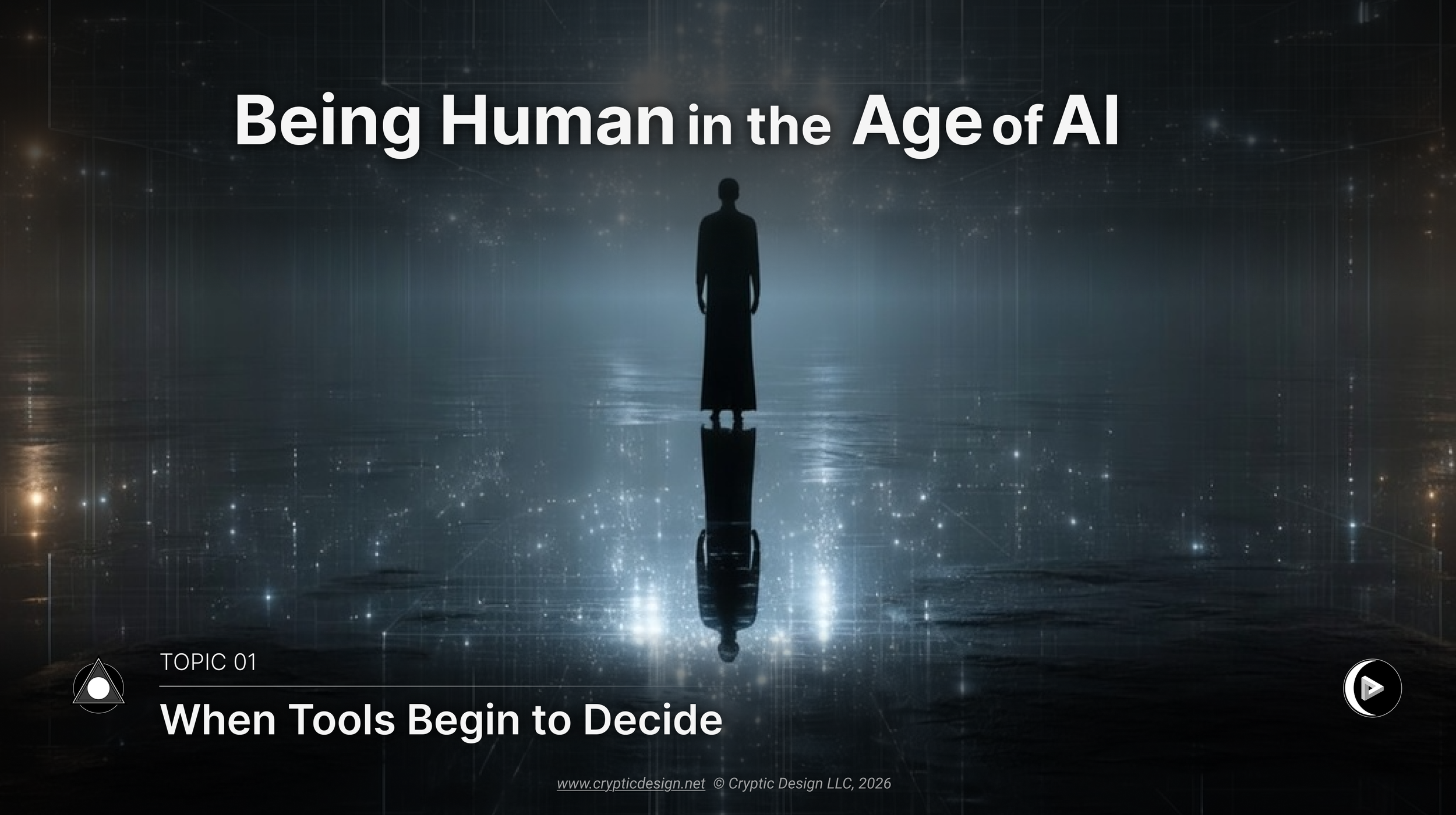 Solitary human figure standing within a vast digital environment suggesting algorithmic systems.