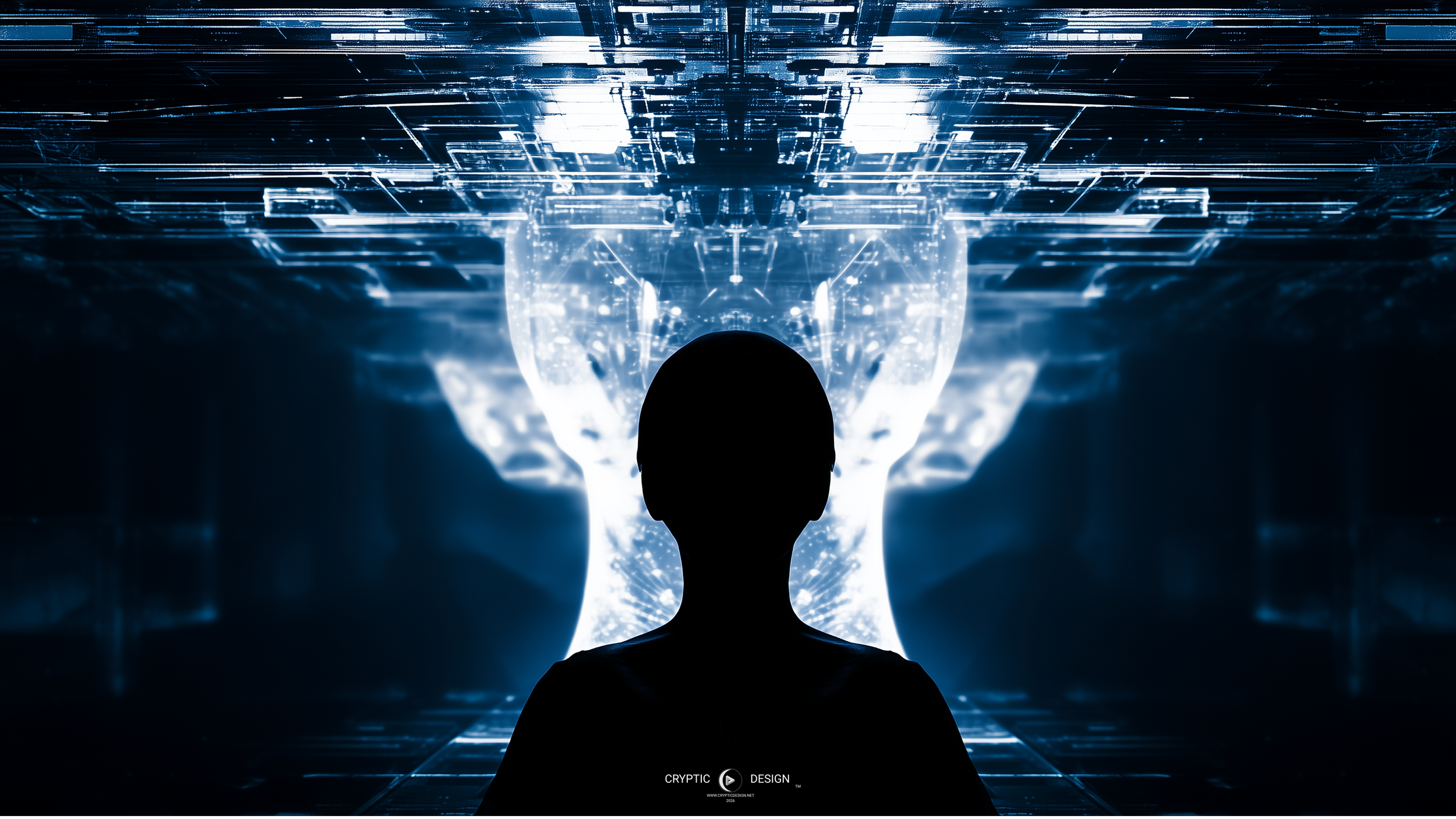 A single human figure standing inside a large digital structure