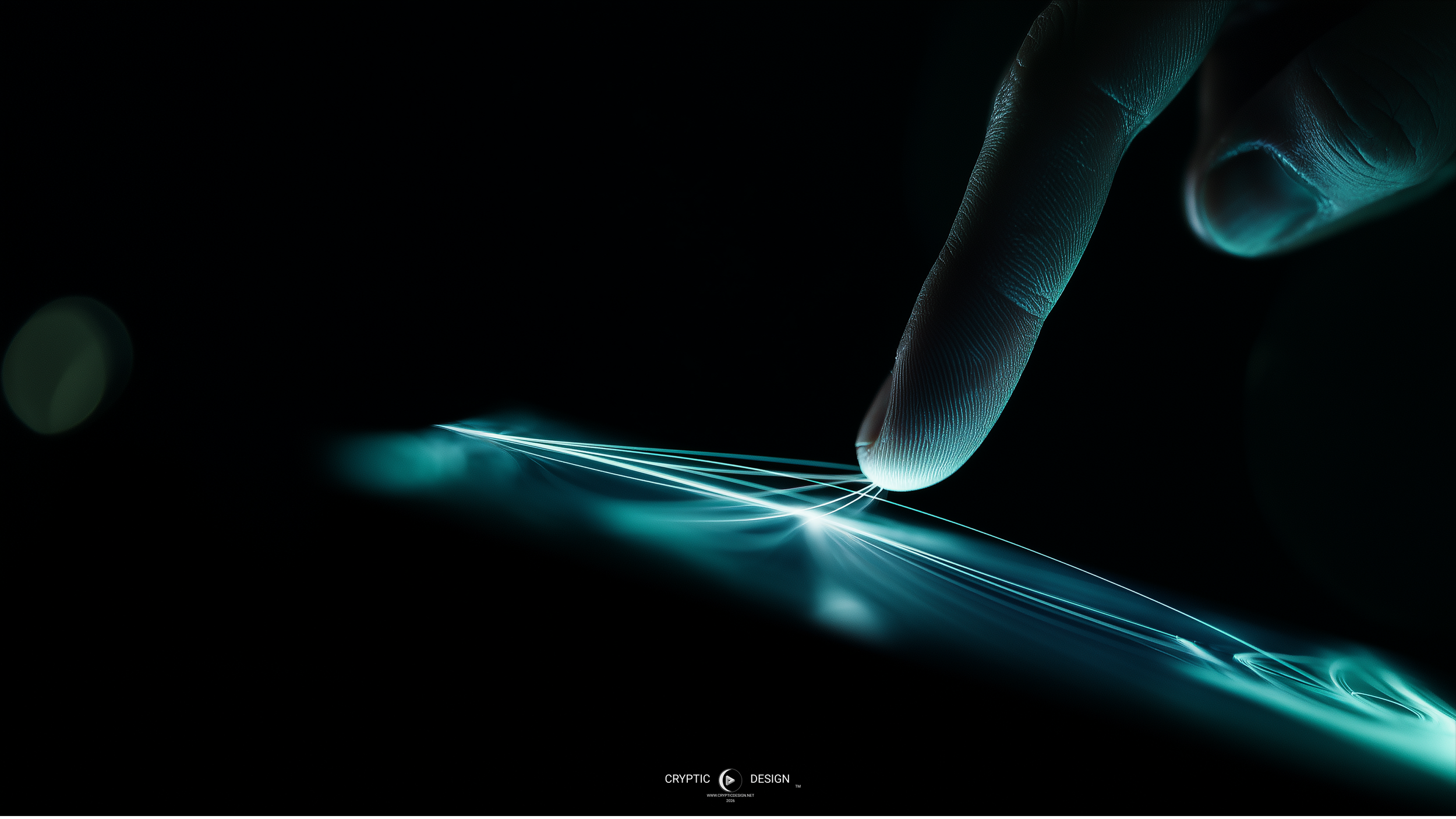 A human hand interacting with a glowing digital interface