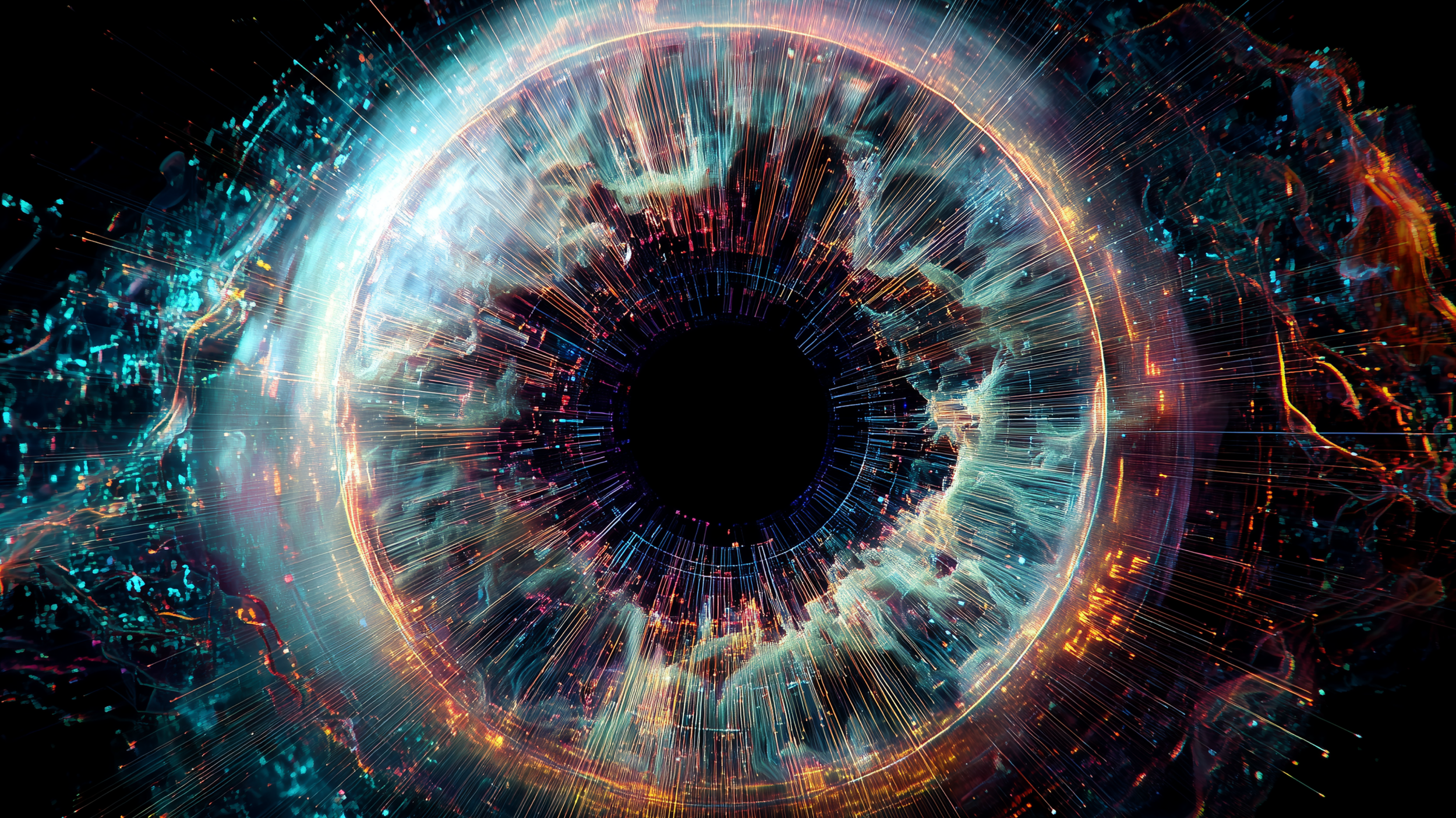 Abstract technological eye representing human vision, systems thinking, and the future of creative work.