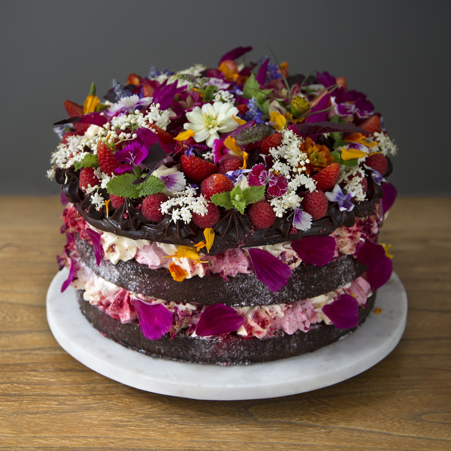 CHOCOLATE, ROSE AND BERRY CAKE