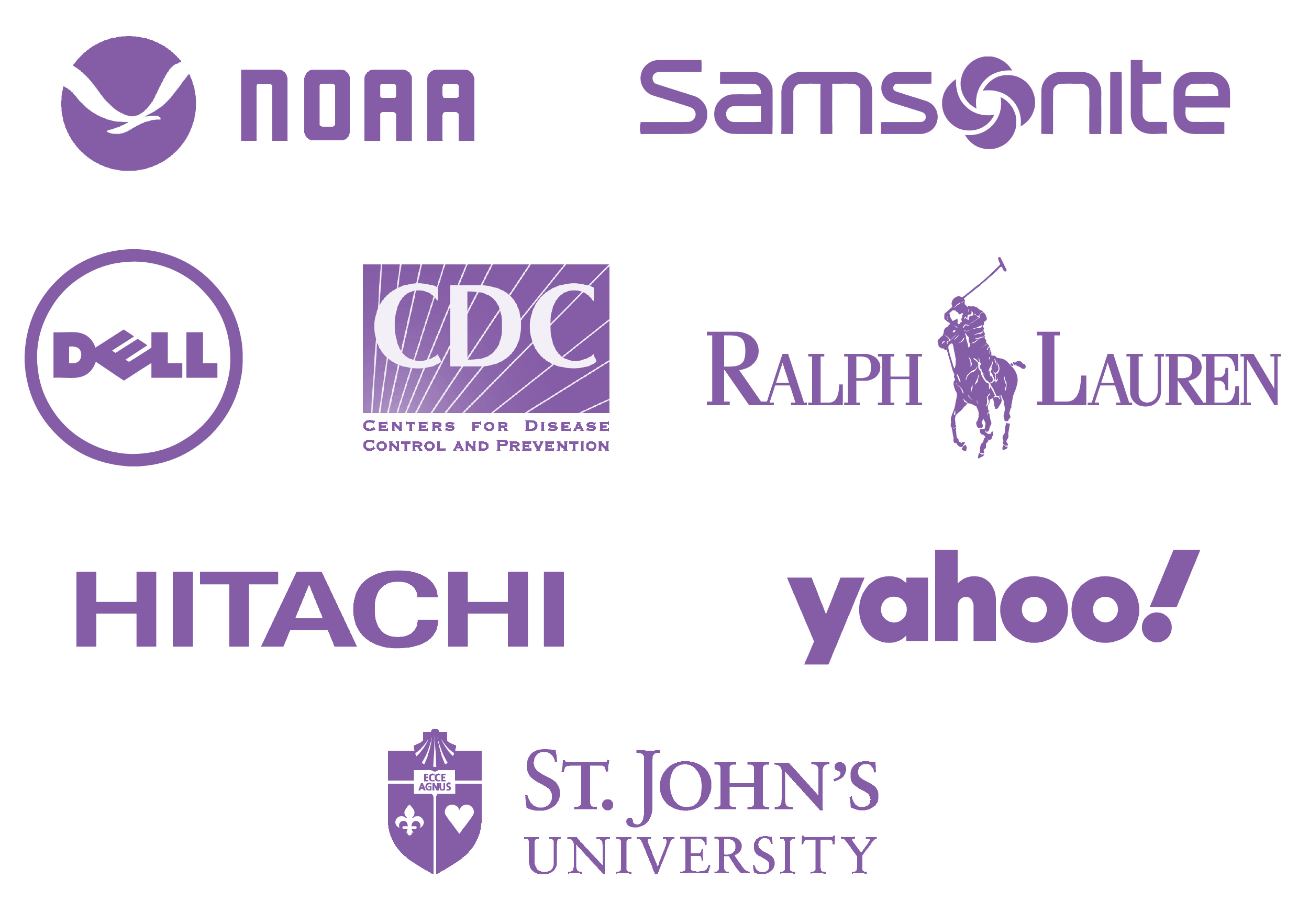 A grid of logos: NOAA, Samsonite, Dell, CDC, Ralh Lauren, Hitachi, Yahoo, and St. John's University.