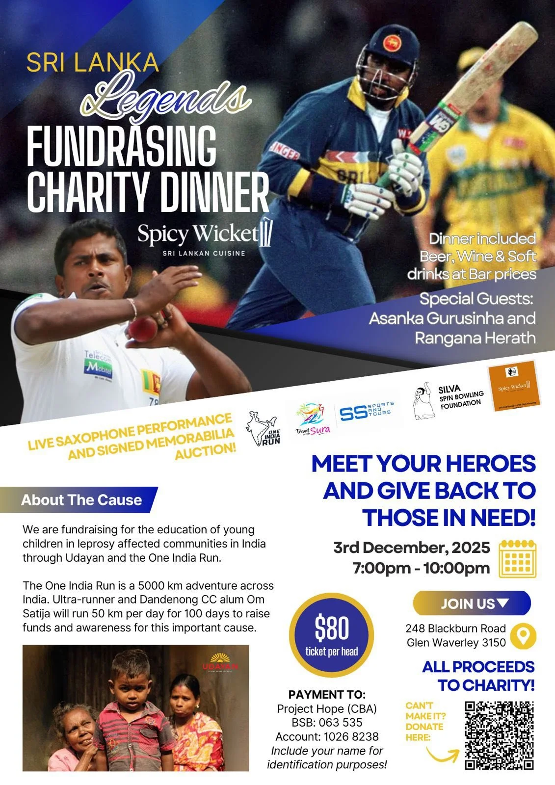 A wonderful night tonight at Spicy Wicket helping to raise funds for an inspiring young man Om Satija who in January is embarking on a 5000km run across India.
Wonderful to catch up with a couple of legends of Sri Lankan cricket in Asanka Gurusinha a