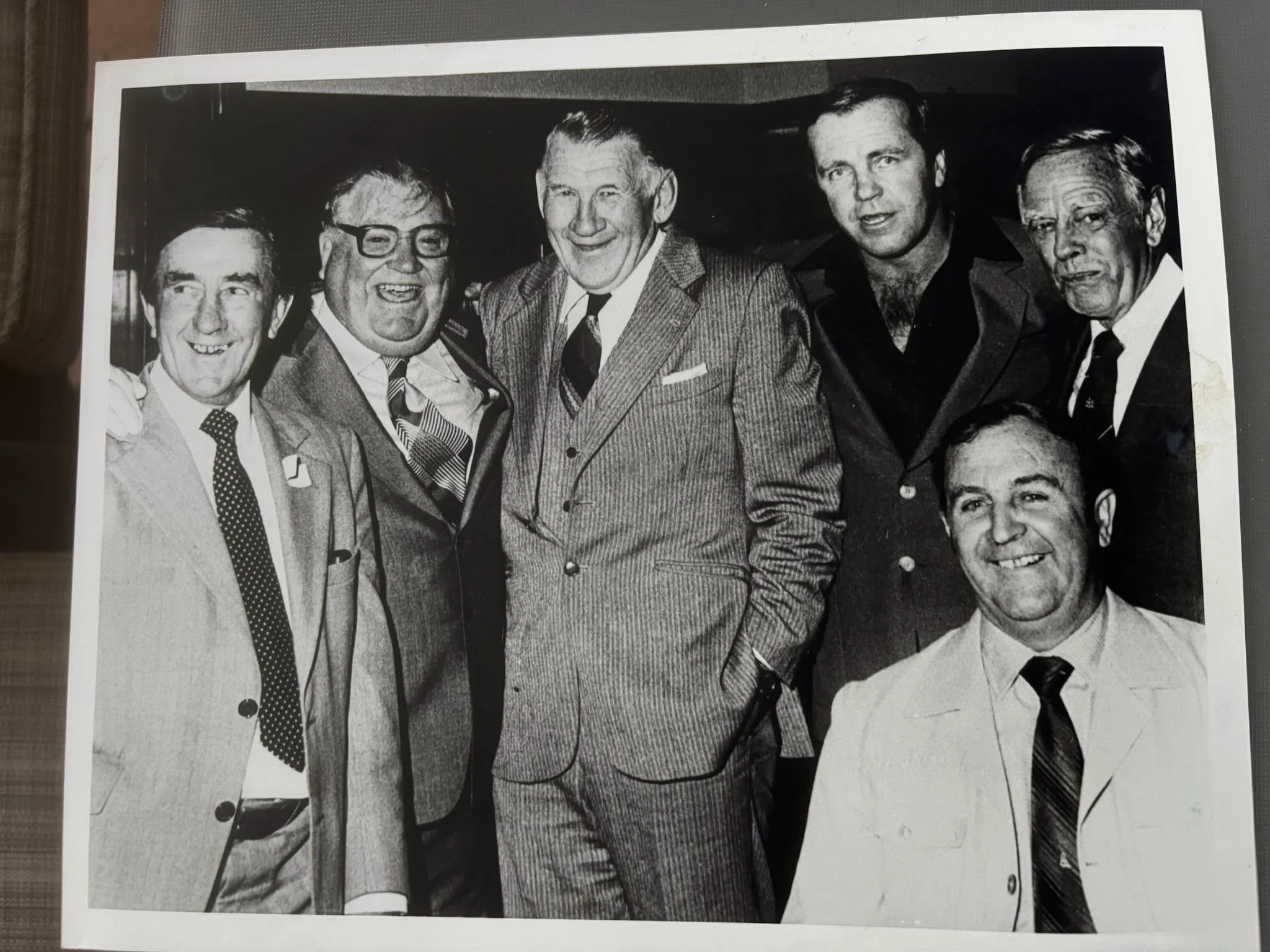 Another photo from my father's archives- this was taken at a " Laurie Nash Testimonial " at the South Melbourne Town Hall which my father "MCeed".
L to Right
 Bill Jacobs, "The Great LJ" Laurie Nash, "Captain Blood 