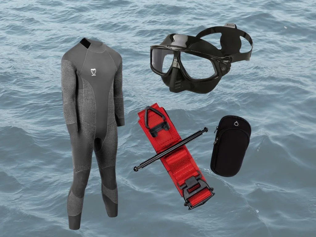Examples of shark safe freediving equipment including a tourniquet, a bite resistant suit and a rounded dive mask