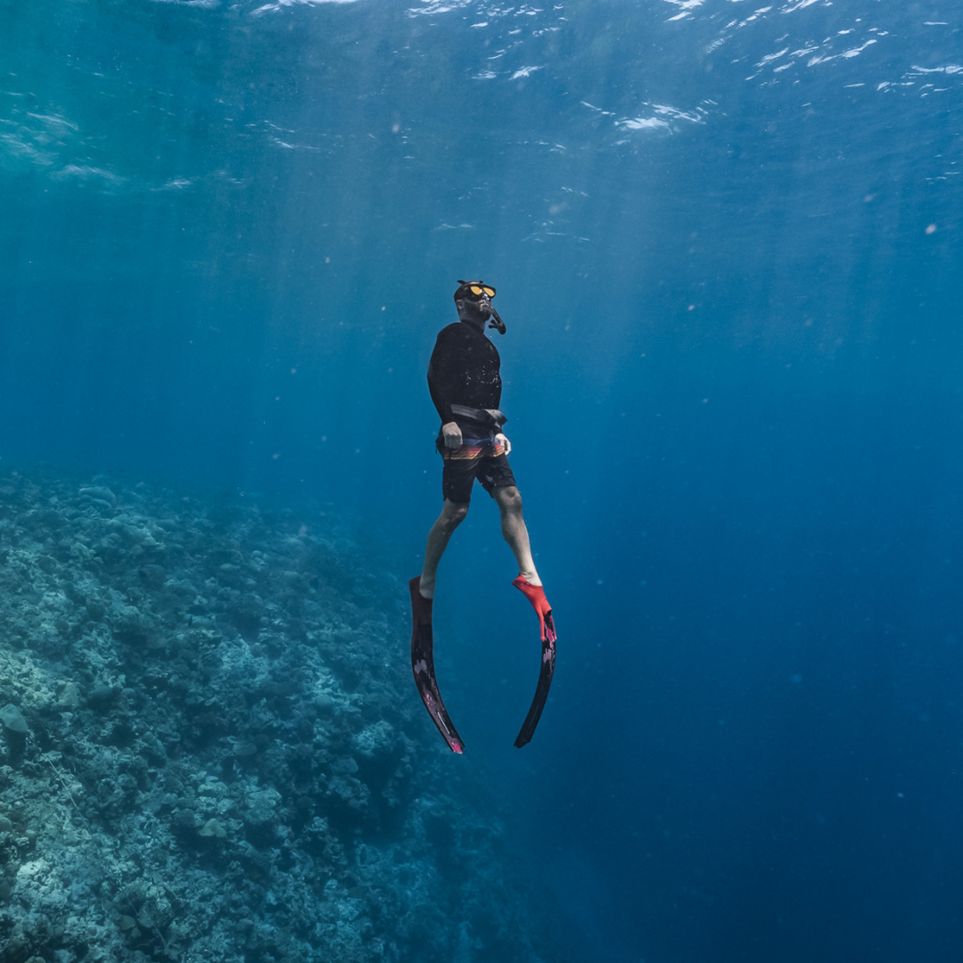 Freediver in deep blue water with a reef wall behind him