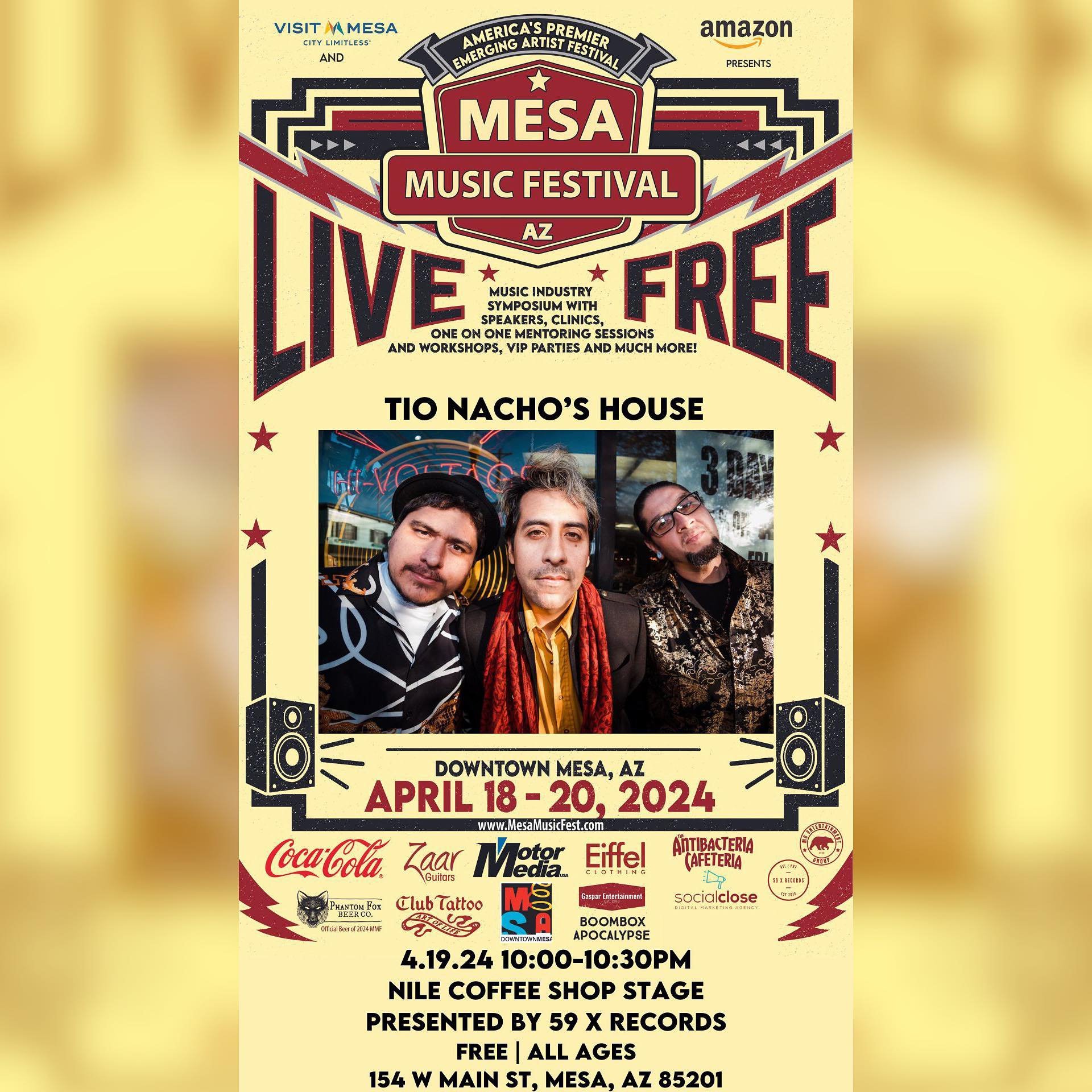 Mesa, Arizona! 🌵 Come to our show tonight at the @mesamusicfest! We go on at 10:00pm - 10:30pm at  @thenileshop at 105 W. Main St, Mesa, AZ. Come see live music from tons of amazing bands! No cover!