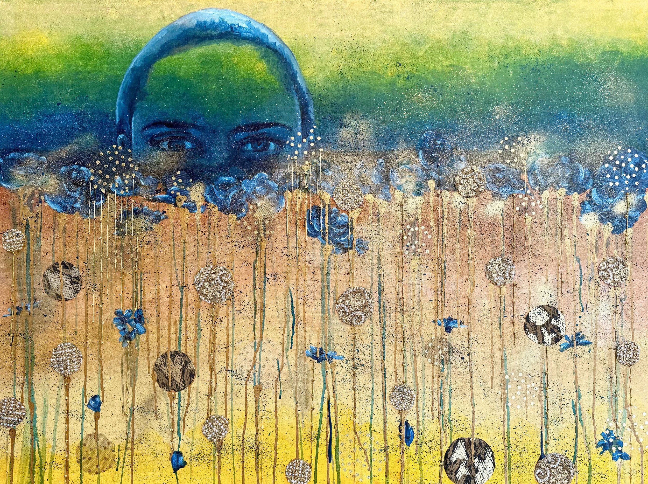 Fields of Hope - Spray paint, embroidery, beads, and fabric on canvas. 90cm x 120cm