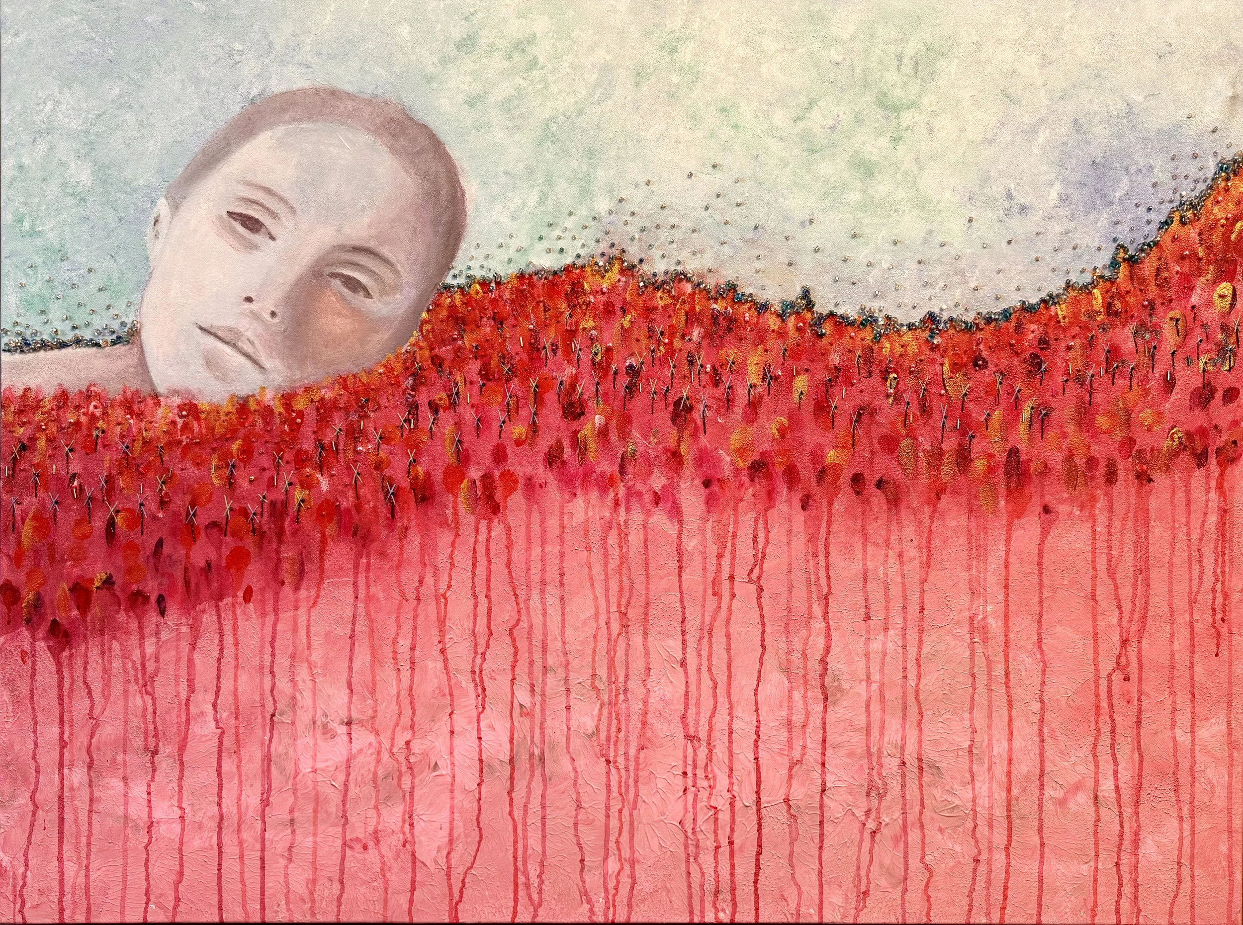 Fields of Memory - Acrylic paint, embroidery, and beads on canvas - 90cm x 120cm