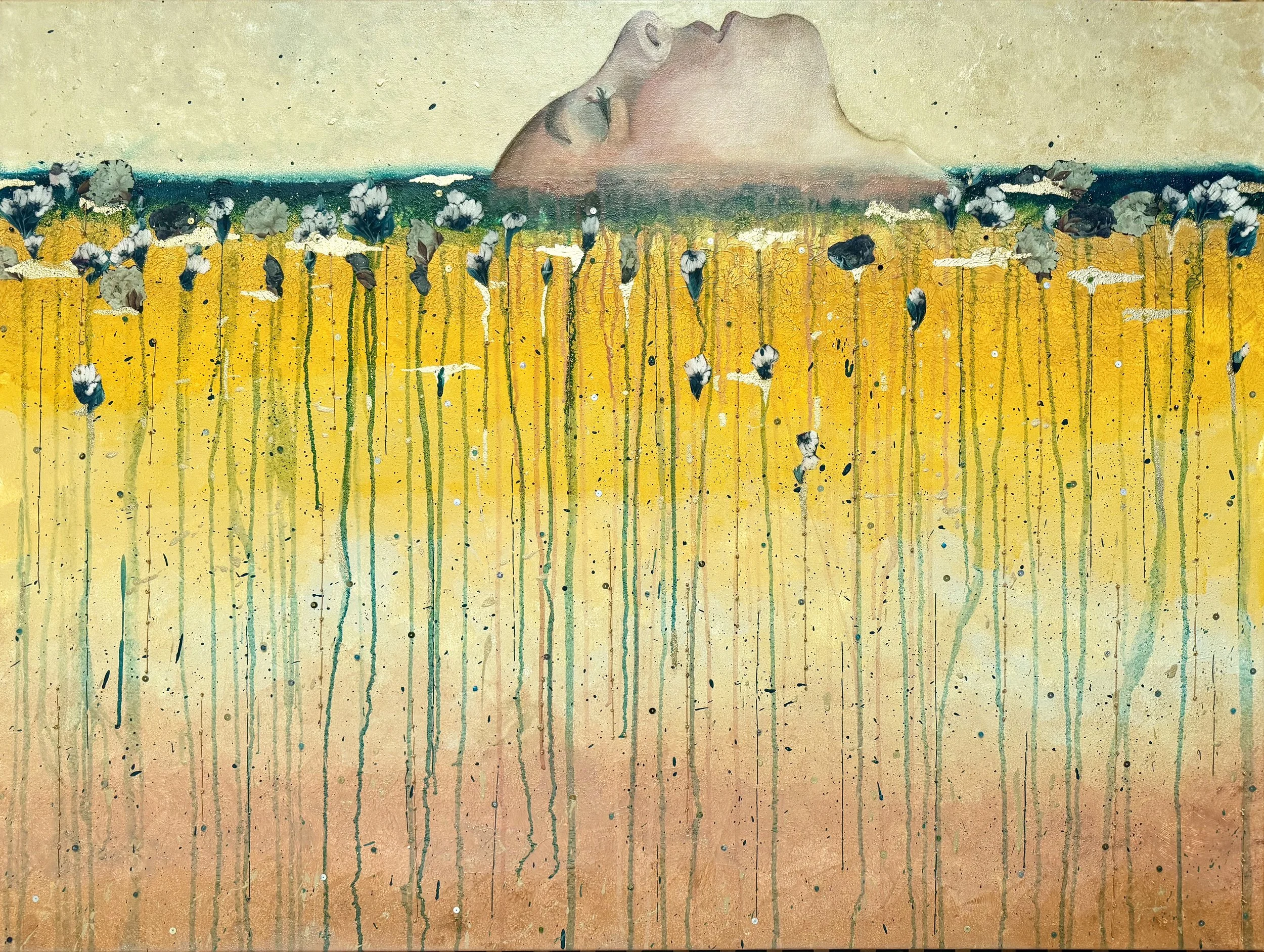 Fields of the Mind - Acrylic paint, gold leaf, embroidery, and beads on canvas. 90cm x 120cm