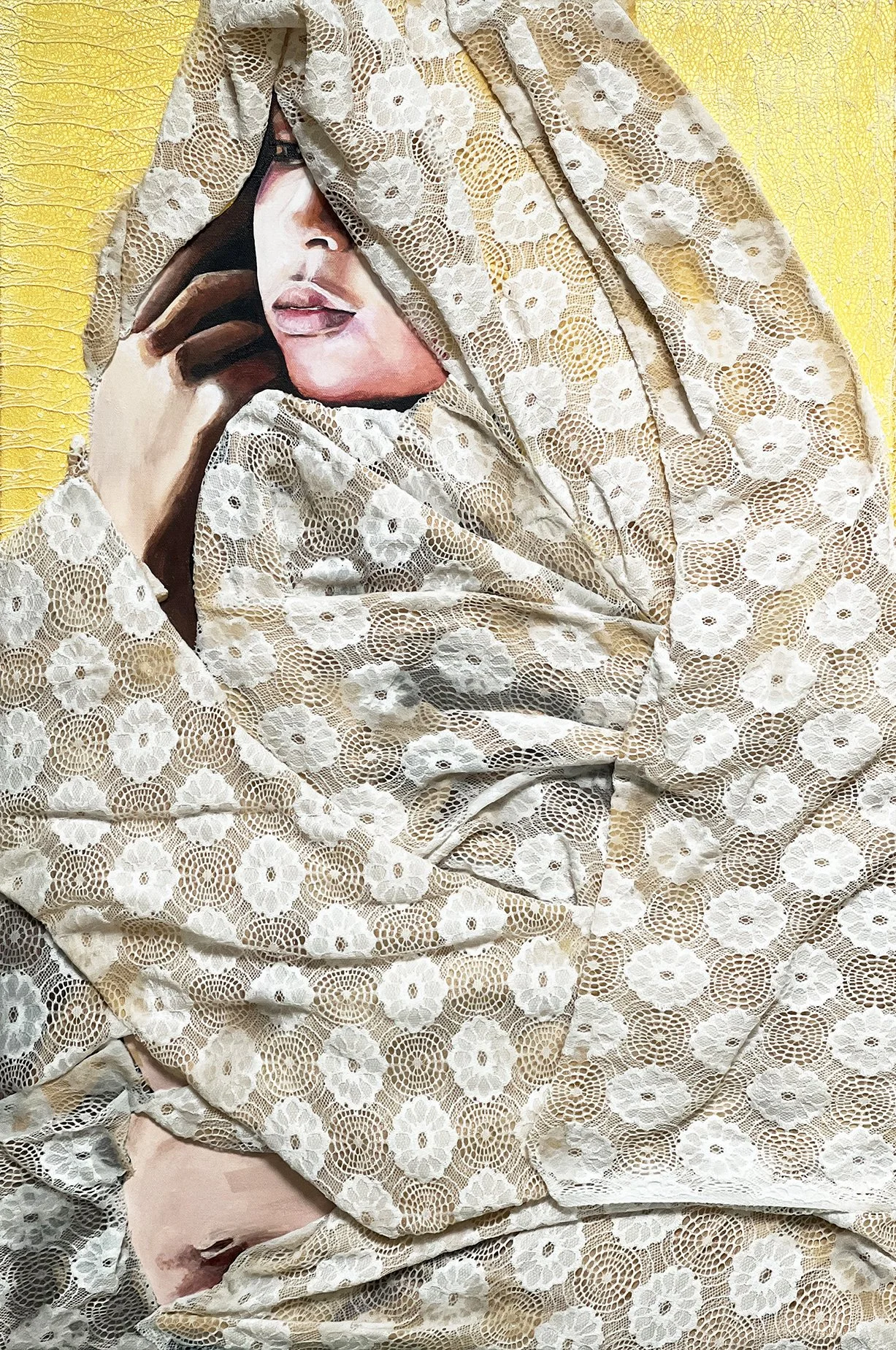 Wrapped II- 90cmx60cm - acrylic paint and fabric on canvas - February 2025:  

What has always fascinated me about textiles is that everybody in the world, no matter who or where they are, uses them. And ever since humans figured out spinning and wea