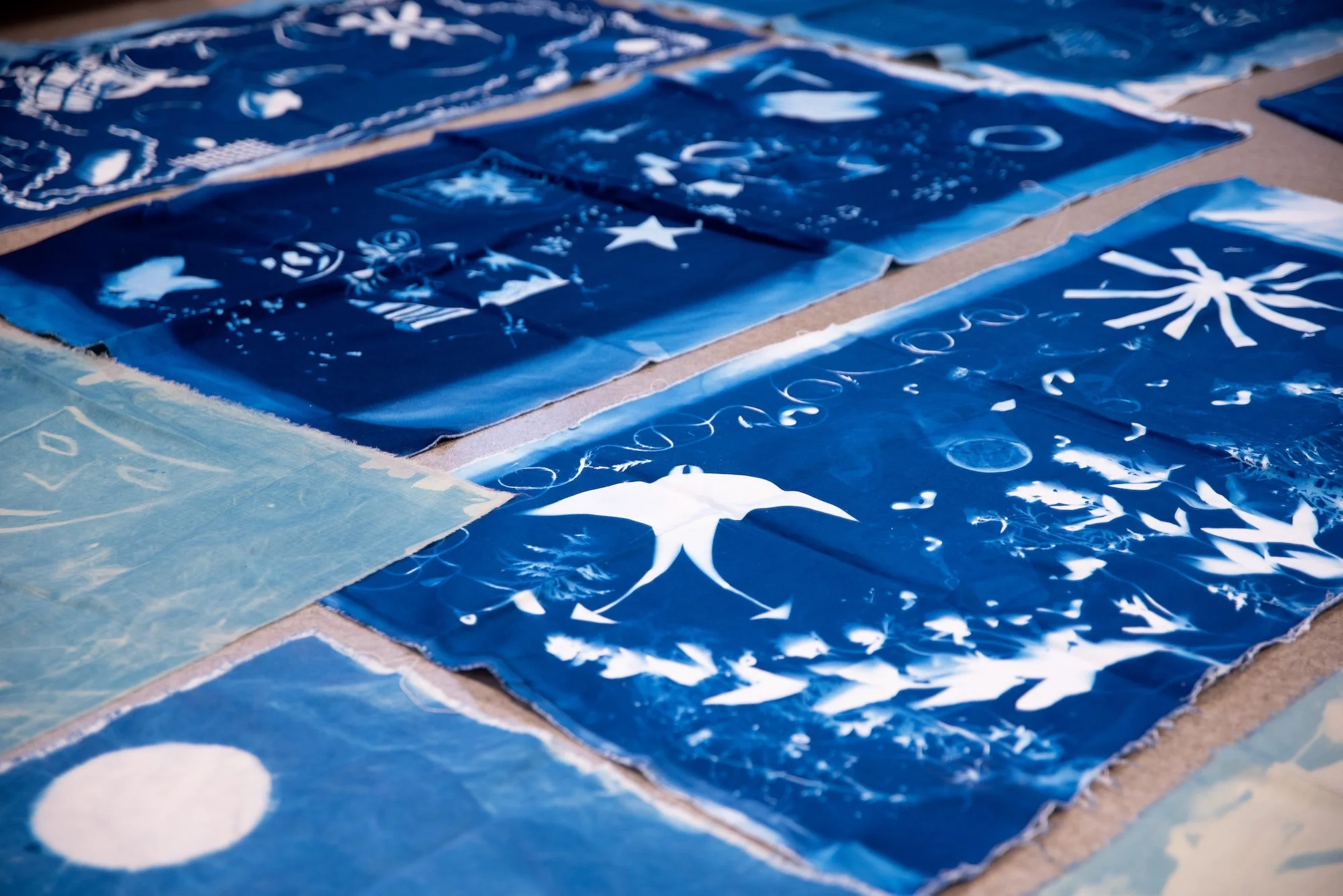 Sceneteppe til Ringerike fengsel, avdeling Ullersmo, i samarbeid med en gruppe innsatte. Teknikk og materiale: Cyanotype på tekstilbiter i bomull, lin, silke og ull, broderi i ull, silke og bomull, applikert på kraftig bomullstekstil. Håndsøm. Fôret 