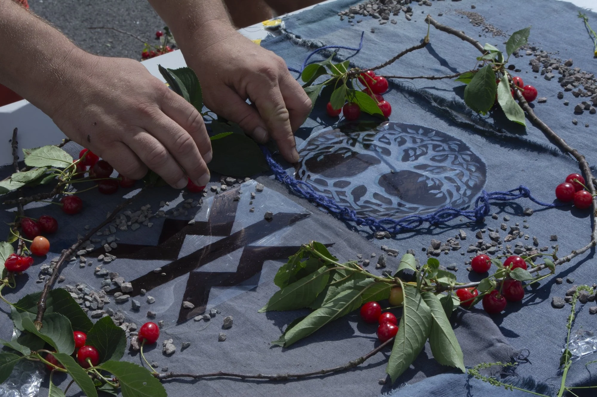 Sceneteppe til Ringerike fengsel, avdeling Ullersmo, i samarbeid med en gruppe innsatte. Teknikk og materiale: Cyanotype på tekstilbiter i bomull, lin, silke og ull, broderi i ull, silke og bomull, applikert på kraftig bomullstekstil. Håndsøm. Fôret 