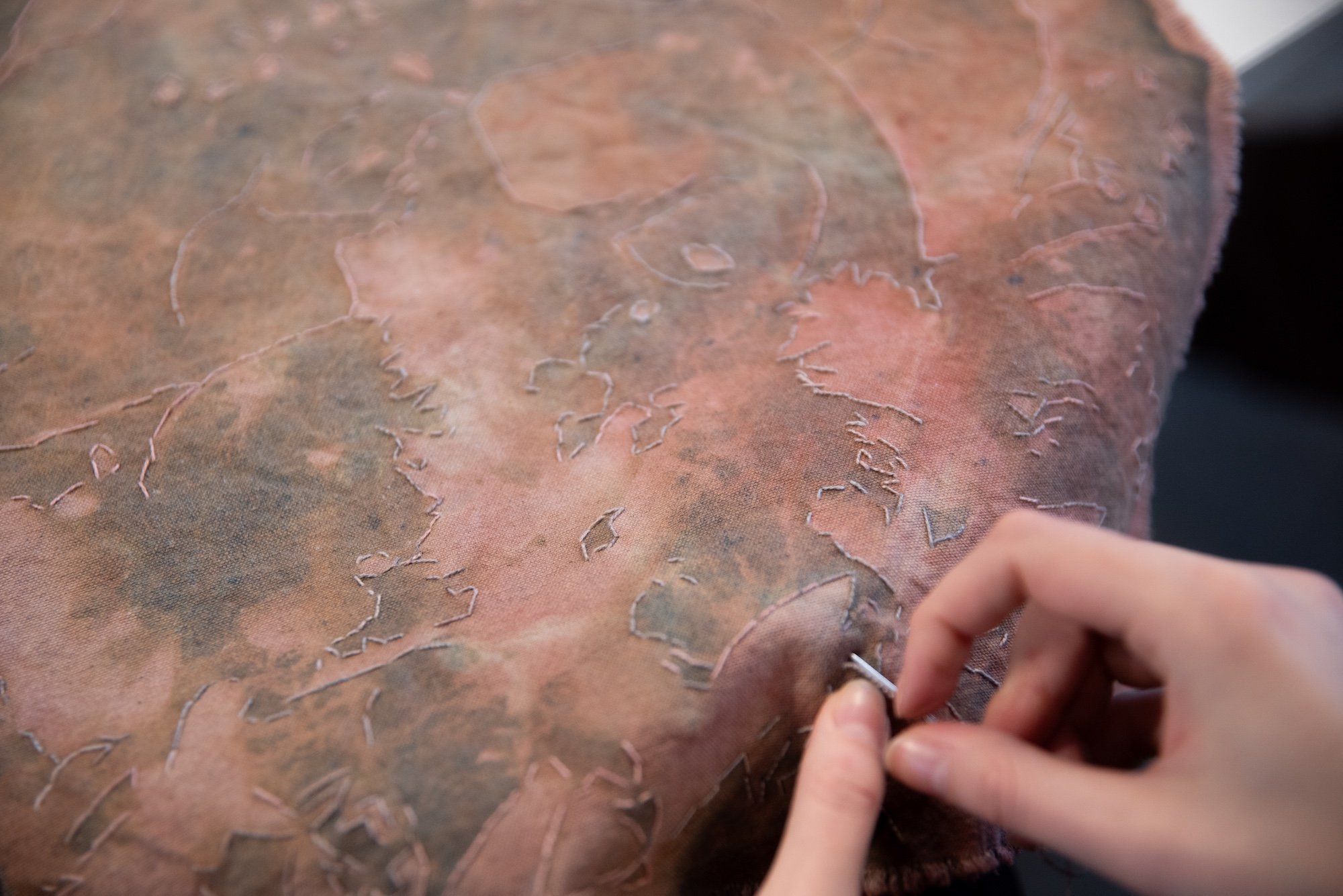 Sceneteppe til Ringerike fengsel, avdeling Ullersmo, i samarbeid med en gruppe innsatte. Teknikk og materiale: Cyanotype på tekstilbiter i bomull, lin, silke og ull, broderi i ull, silke og bomull, applikert på kraftig bomullstekstil. Håndsøm. Fôret 