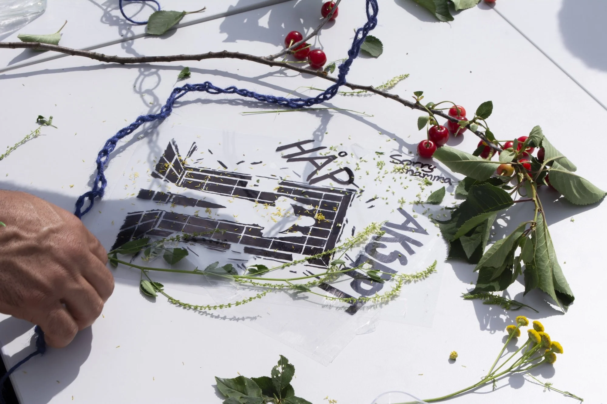 Sceneteppe til Ringerike fengsel, avdeling Ullersmo, i samarbeid med en gruppe innsatte. Teknikk og materiale: Cyanotype på tekstilbiter i bomull, lin, silke og ull, broderi i ull, silke og bomull, applikert på kraftig bomullstekstil. Håndsøm. Fôret 