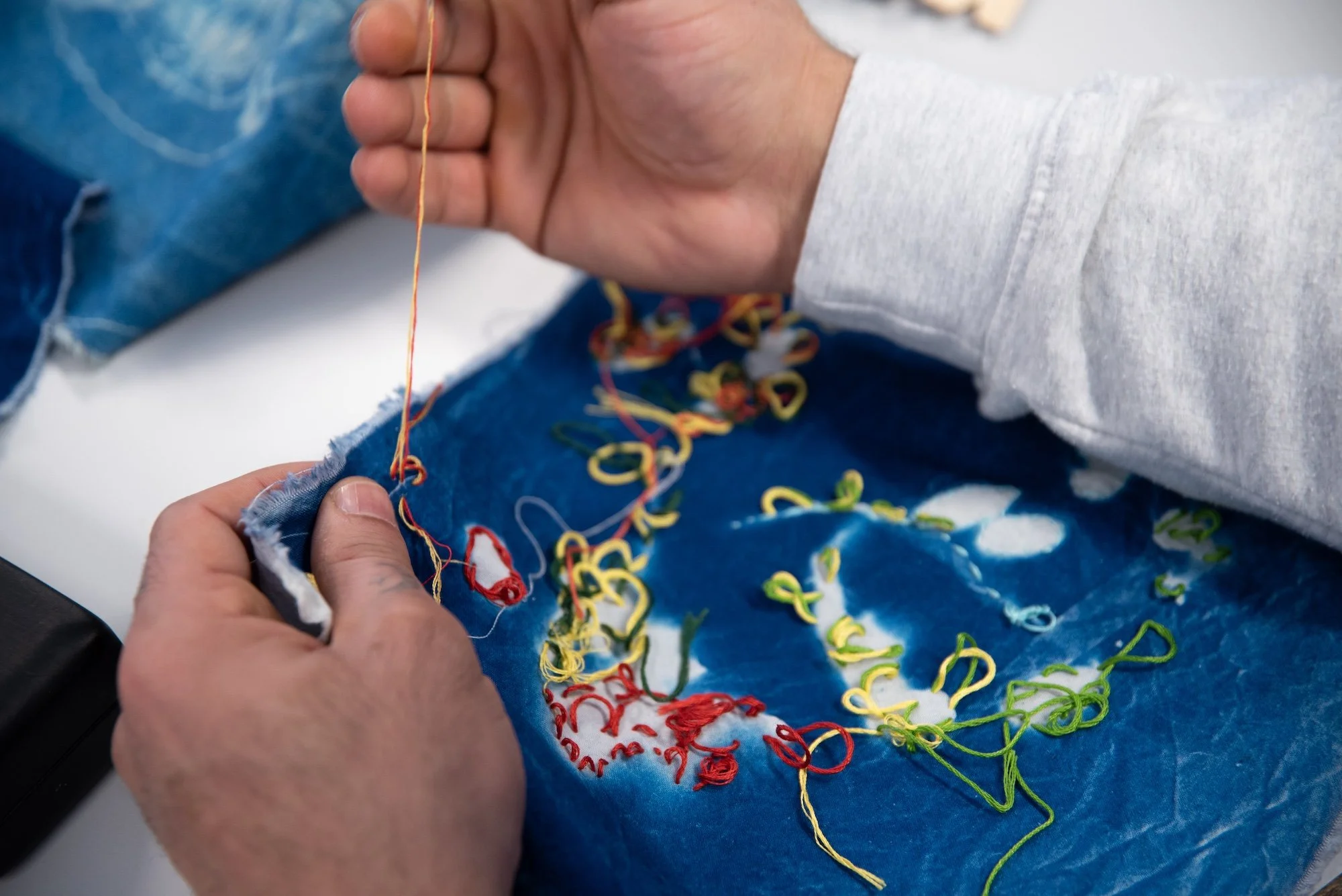 Sceneteppe til Ringerike fengsel, avdeling Ullersmo, i samarbeid med en gruppe innsatte. Teknikk og materiale: Cyanotype på tekstilbiter i bomull, lin, silke og ull, broderi i ull, silke og bomull, applikert på kraftig bomullstekstil. Håndsøm. Fôret 