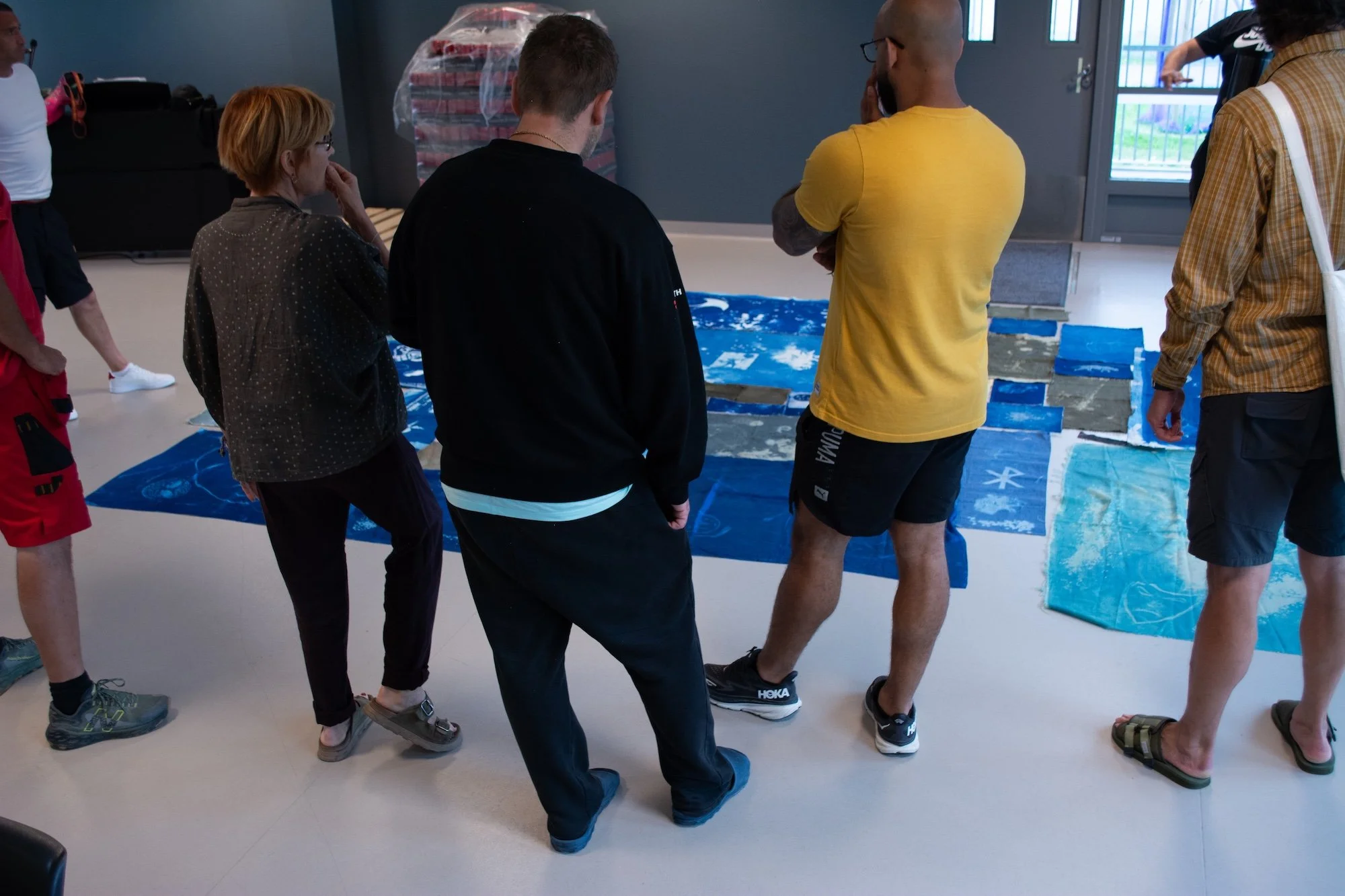 Sceneteppe til Ringerike fengsel, avdeling Ullersmo, i samarbeid med en gruppe innsatte. Teknikk og materiale: Cyanotype på tekstilbiter i bomull, lin, silke og ull, broderi i ull, silke og bomull, applikert på kraftig bomullstekstil. Håndsøm. Fôret 