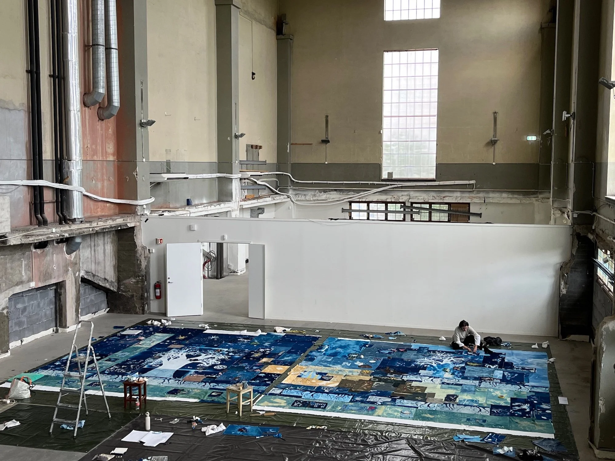 Sceneteppe til Ringerike fengsel, avdeling Ullersmo, i samarbeid med en gruppe innsatte. Teknikk og materiale: Cyanotype på tekstilbiter i bomull, lin, silke og ull, broderi i ull, silke og bomull, applikert på kraftig bomullstekstil. Håndsøm. Fôret 