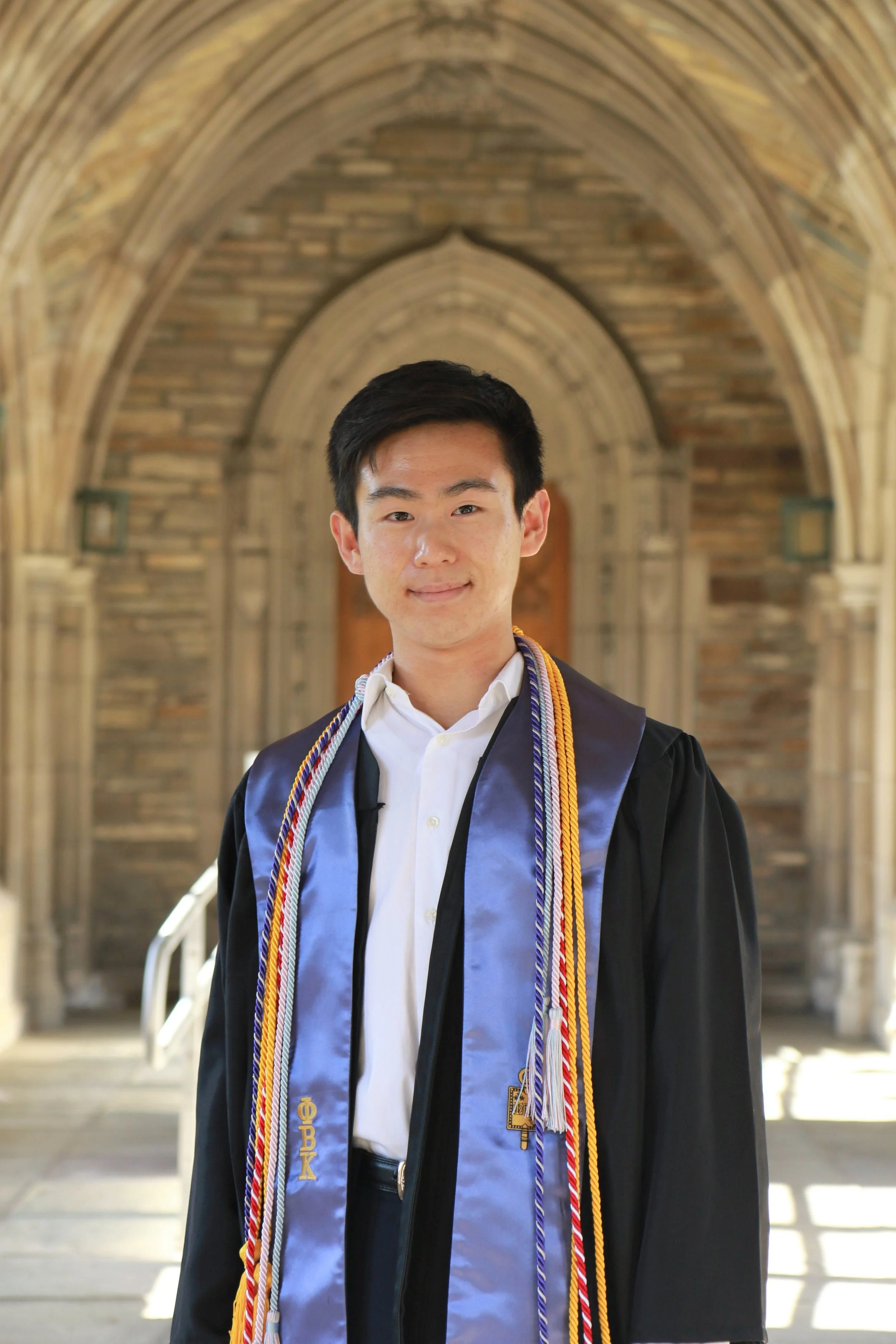Young man wearing a graduation gown and honor cords standing inside a stone archway.